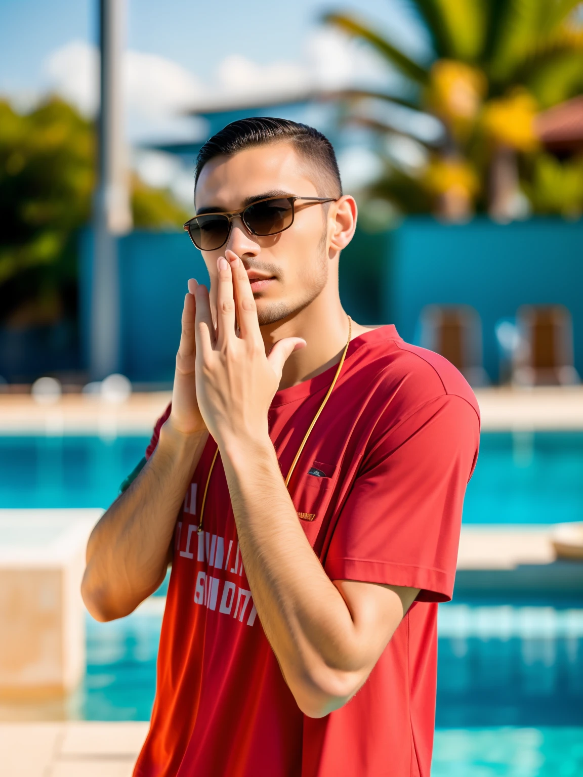 An elegant man in sunglasses and red shirt, com um olhar misterioso, Enjoy the tranquility by a sunny pool.