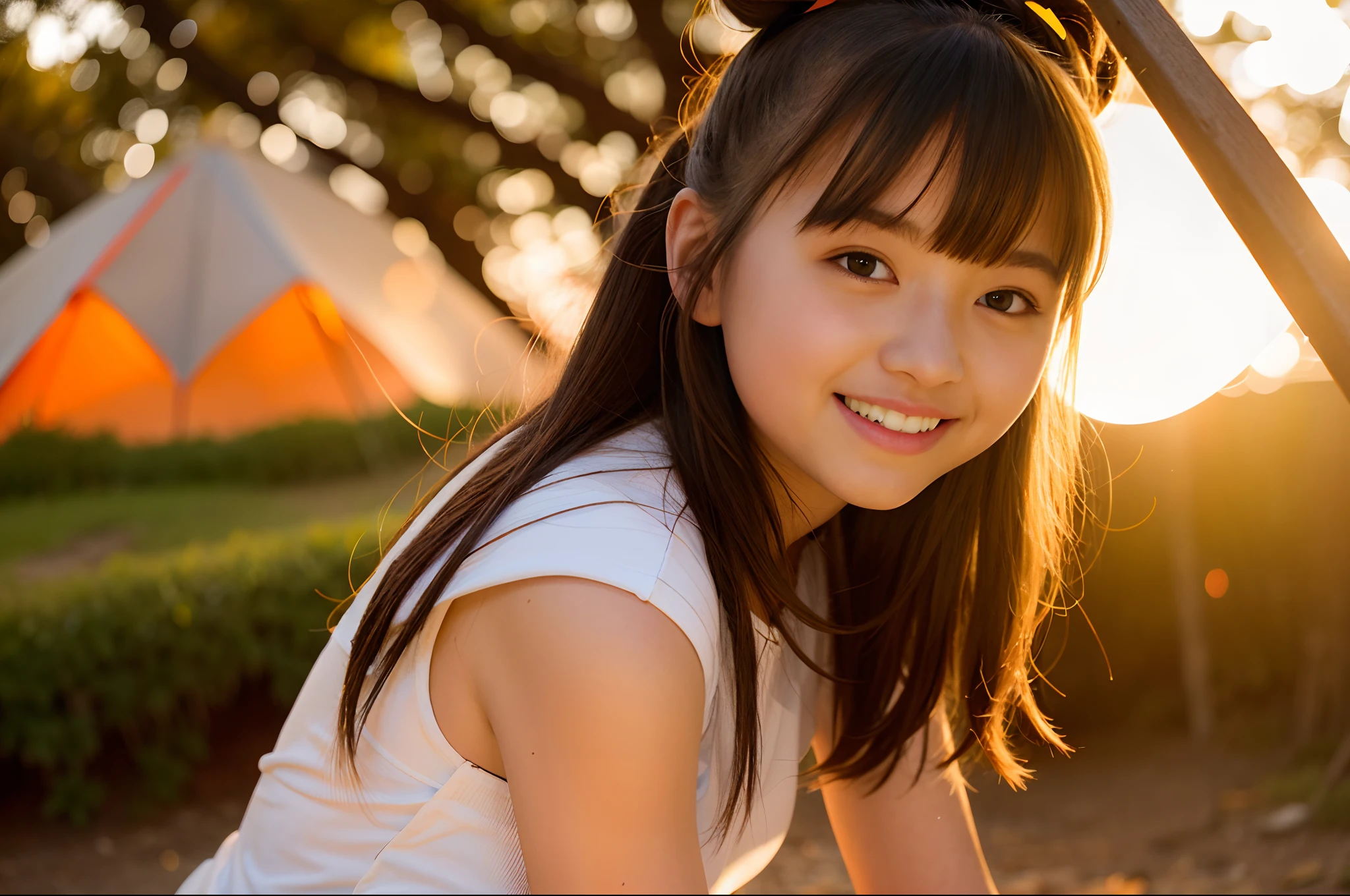 17 years old girl, Hair buns, sitting on, plein air, the woods, camp fire,top-quality, 超A high resolution,realisitic、Happy smile、teepee、Orange sunset、The background is bokeh　lake