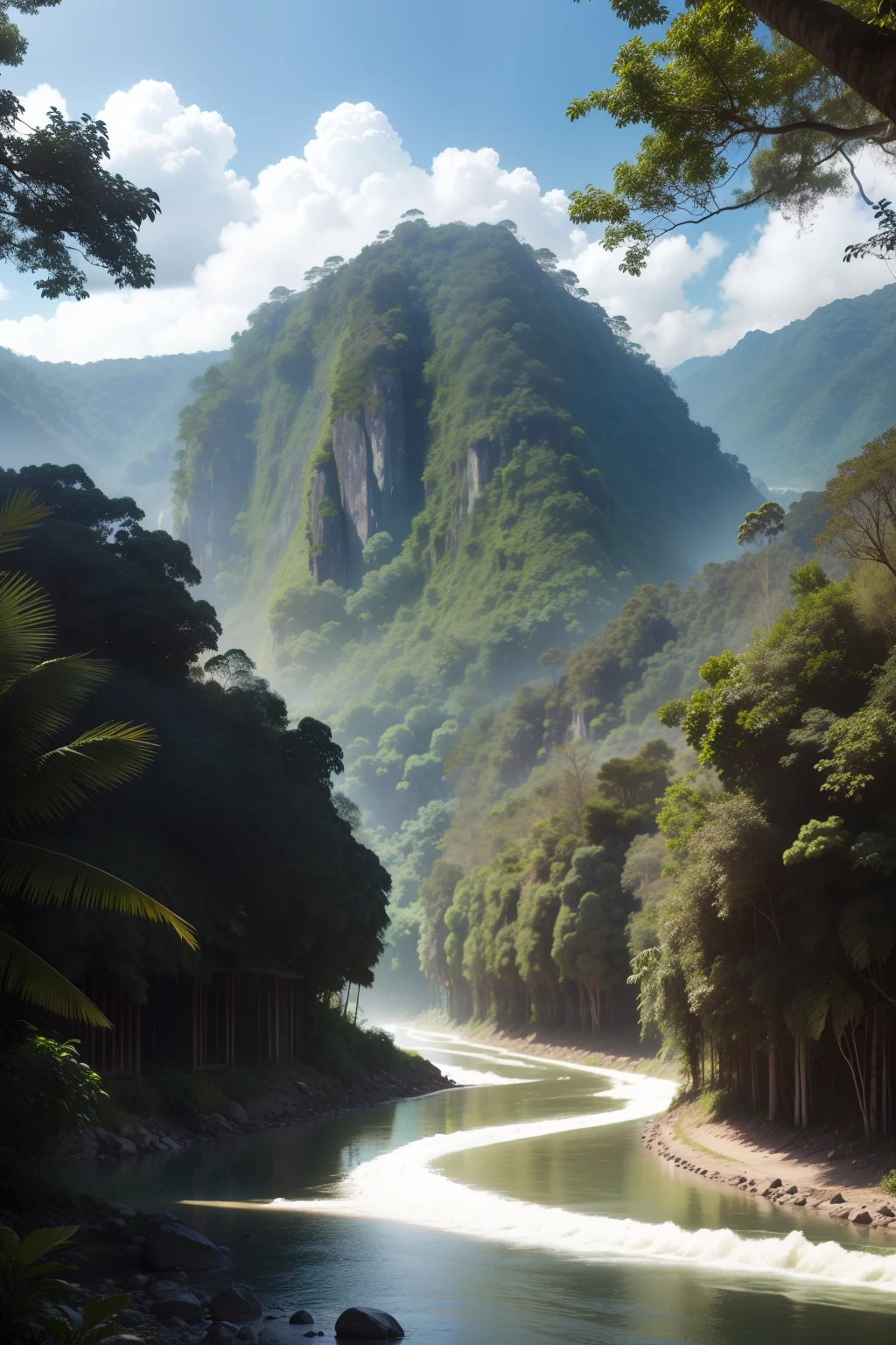 On the left is the tropical jungle,Colombian jungle feeling,There is a river on the right,In the distance are mountains and villages