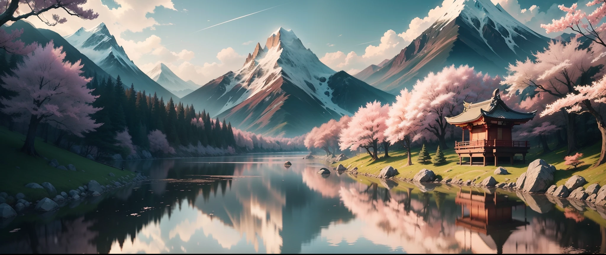 Create an artwork that depicts a breathtaking Japanese landscape inspired by the Demon Slayer art style, The scene should feature towering mountains with jagged peaks in the background, a serene river flowing through the middle ground, vibrant cherry blossom trees framing the composition, and a traditional wooden shrine with intricate details nestled near the water, Infuse the image with the distinct colors, textures, and dynamic energy characteristic of the Demon Slayer art style, capturing the essence of both its beauty and intensity, Additional Parameters, Resolution High, Style Demon Slayer, Brushstrokes Bold and dynamic, Color Palette Rich and vibrant, Level of Detail High