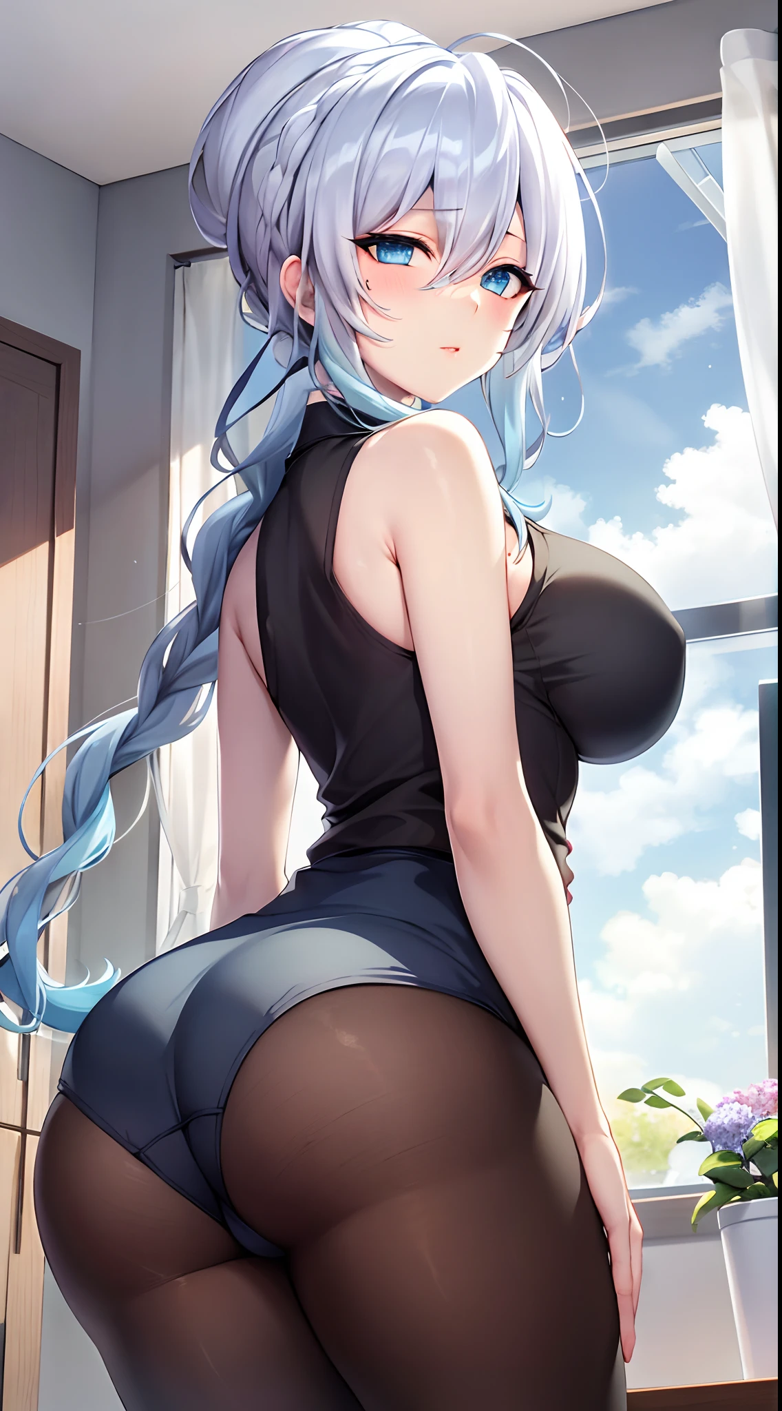 masterpiece, ultra-detailed hair, better lights, better shadows,1girl, yukino, breasts, skirt, silver hair, solo, long hair, large breasts, blue eyes, braid, ass, looking at viewer, braided ponytail, hair ornament, sleeveless, hair flower, black skirt, shirt, indoors, flower, looking back, bangs, bare shoulders, pantyhose, from behind, window, thighs, mole under eye, sleeveless shirt, black shirt, blush, bare arms, office lady, very long hair, plant, contemporary, parted lips, miniskirt, single braid, closed mouth, blue flower, pantylines, ribbed shirt,