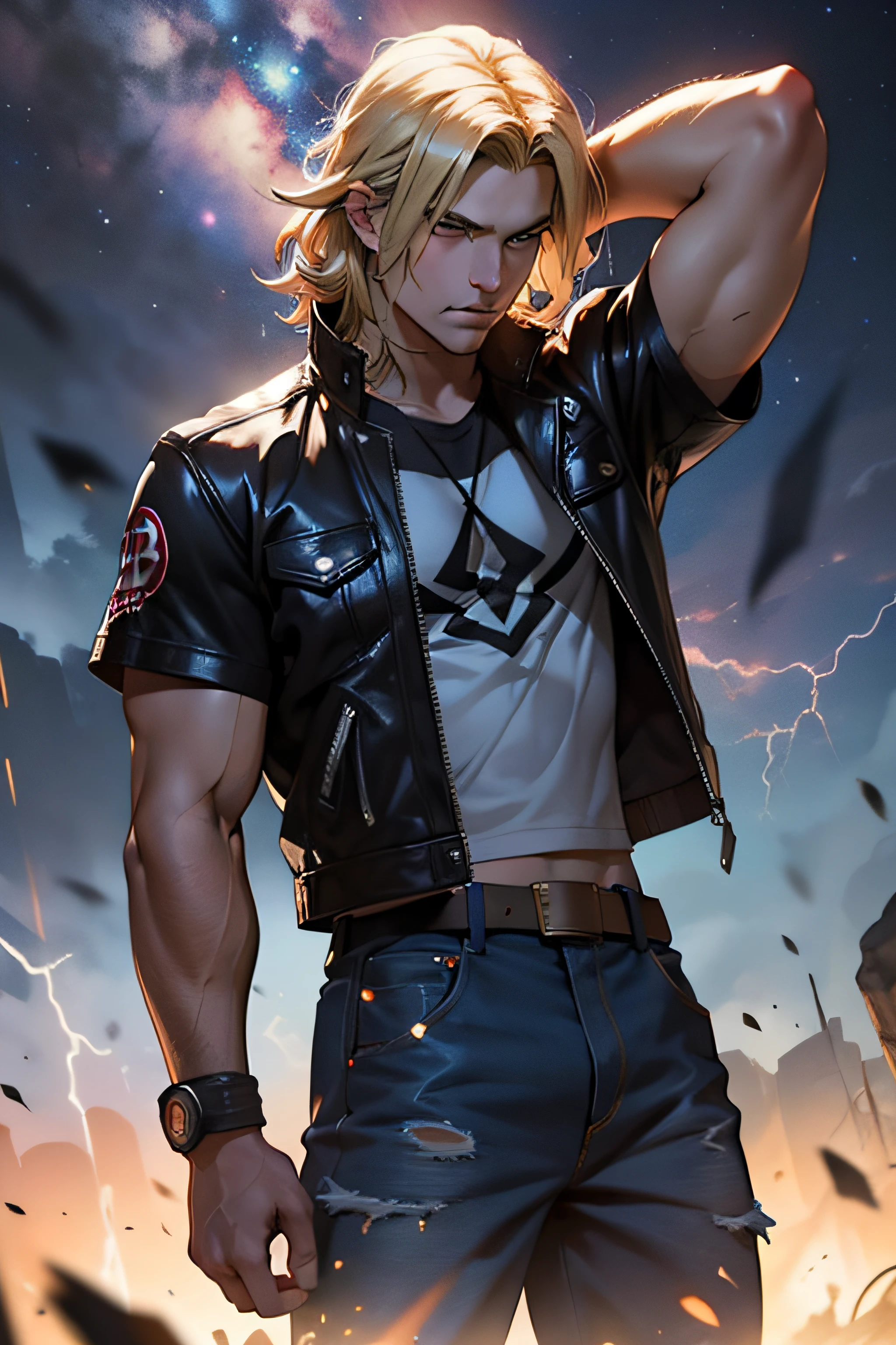 1 solo Thor com as roupas de Terry Bogard pretas, raios ao redor de si, thunder, thunder , cabelo blond, roupas pretas, vestes pretas, Nebula and smoke, black cloth, one arm behind his head and the other holding a lightning bolt, tempo fechado, tempo nublado, tempo escuro, cidade, raios ao redor