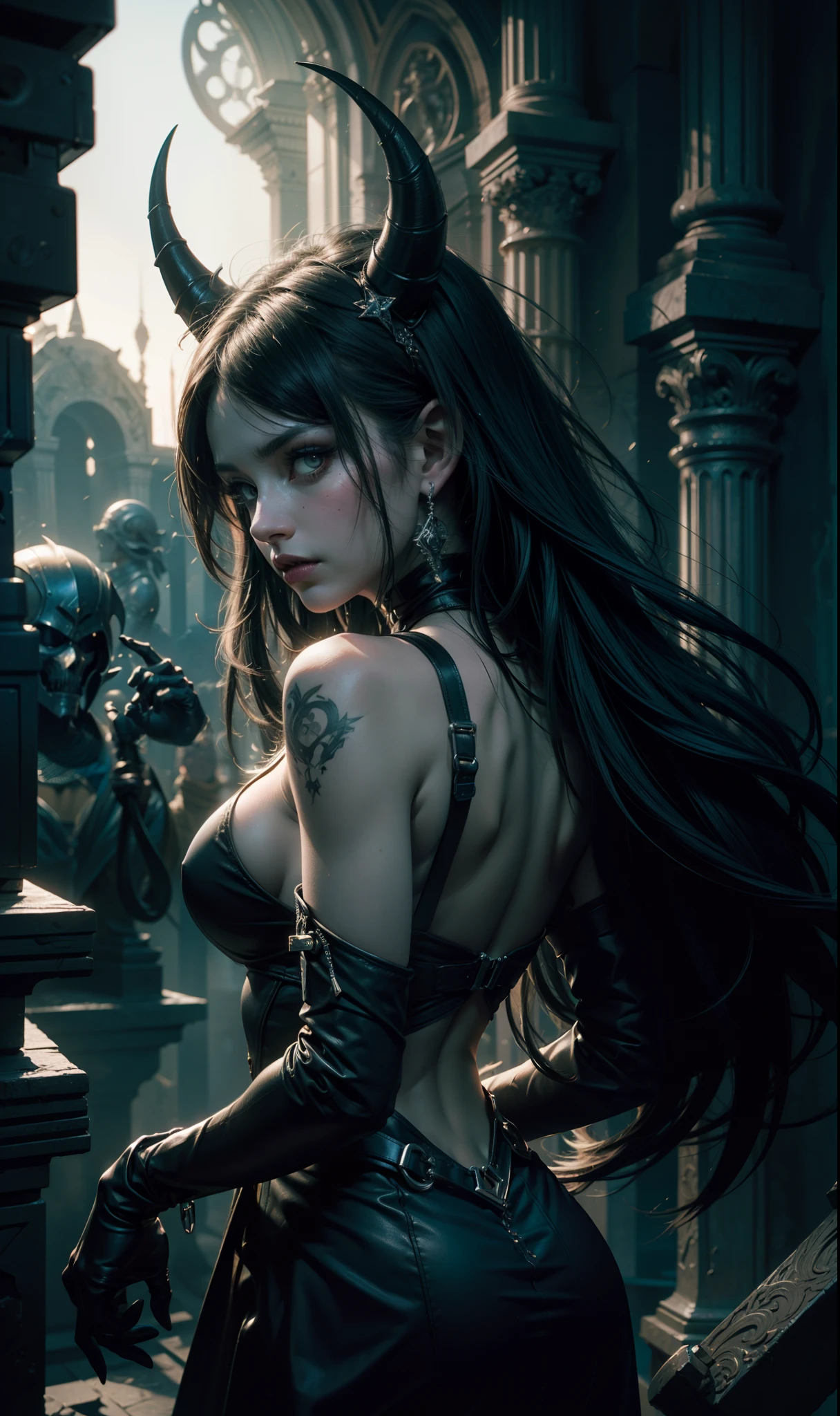 Beautiful portrait of perfect ((demonic girl)), slender body, big breasts, shapeless long hair, small horns, wearing BDSM body harness, perfect features, abstract beauty, near perfection, pure form, dynamic pose, ethereal demonic background, (deep dark shadows), (strong cinematic lighting), (back lighting), concept art by Greg Rutkowski and John William Waterhouse and Alphonse Mucha, stunning details, intricate details, 8k post-production, High resolution, super details, trending on ArtStation, sharp focus, depth of field f/1.8, studio photos, (((looking at camera))).