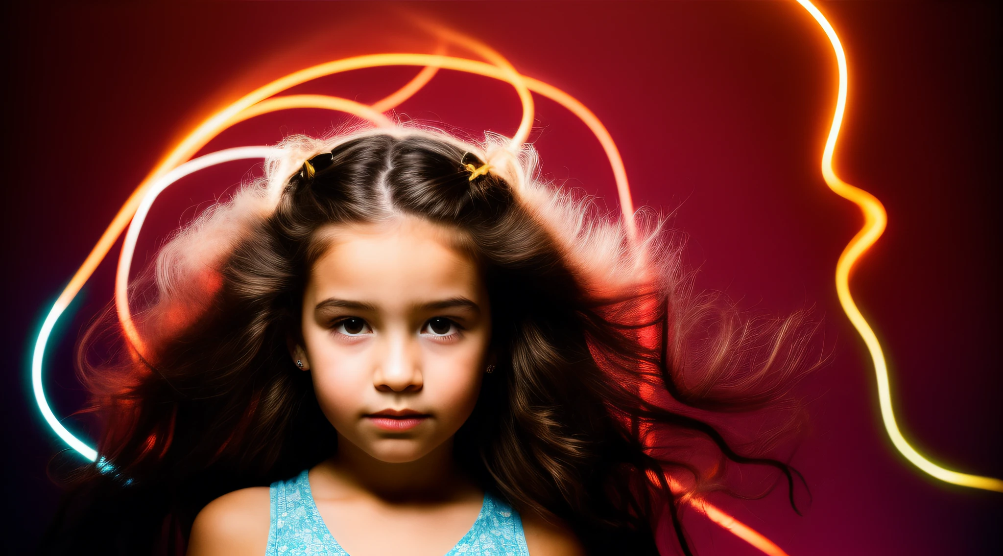 A closeup of a with long hair and lights on his head, littl with magical powers, painting digital adorable, Directed by: Hristofor Zhefarovich, portrait of magical young girl, glowing flowing hair, magic lighting overlays, menina bonita, luzes brilhantes! Pintura digital, fiber optic hair, menina bonito, cabelos eletrificados, flowing glowing hair