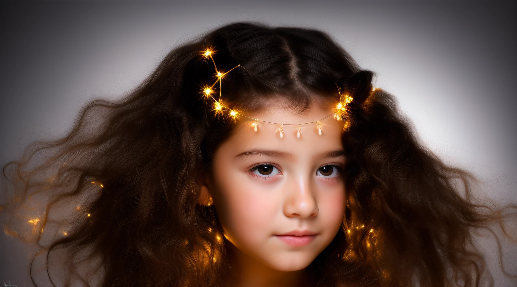 A closeup of a with long hair and lights on his head, littl with magical powers, painting digital adorable, Directed by: Hristofor Zhefarovich, portrait of magical young girl, glowing flowing hair, magic lighting overlays, menina bonita, luzes brilhantes! Pintura digital, fiber optic hair, menina bonito, cabelos eletrificados, flowing glowing hair