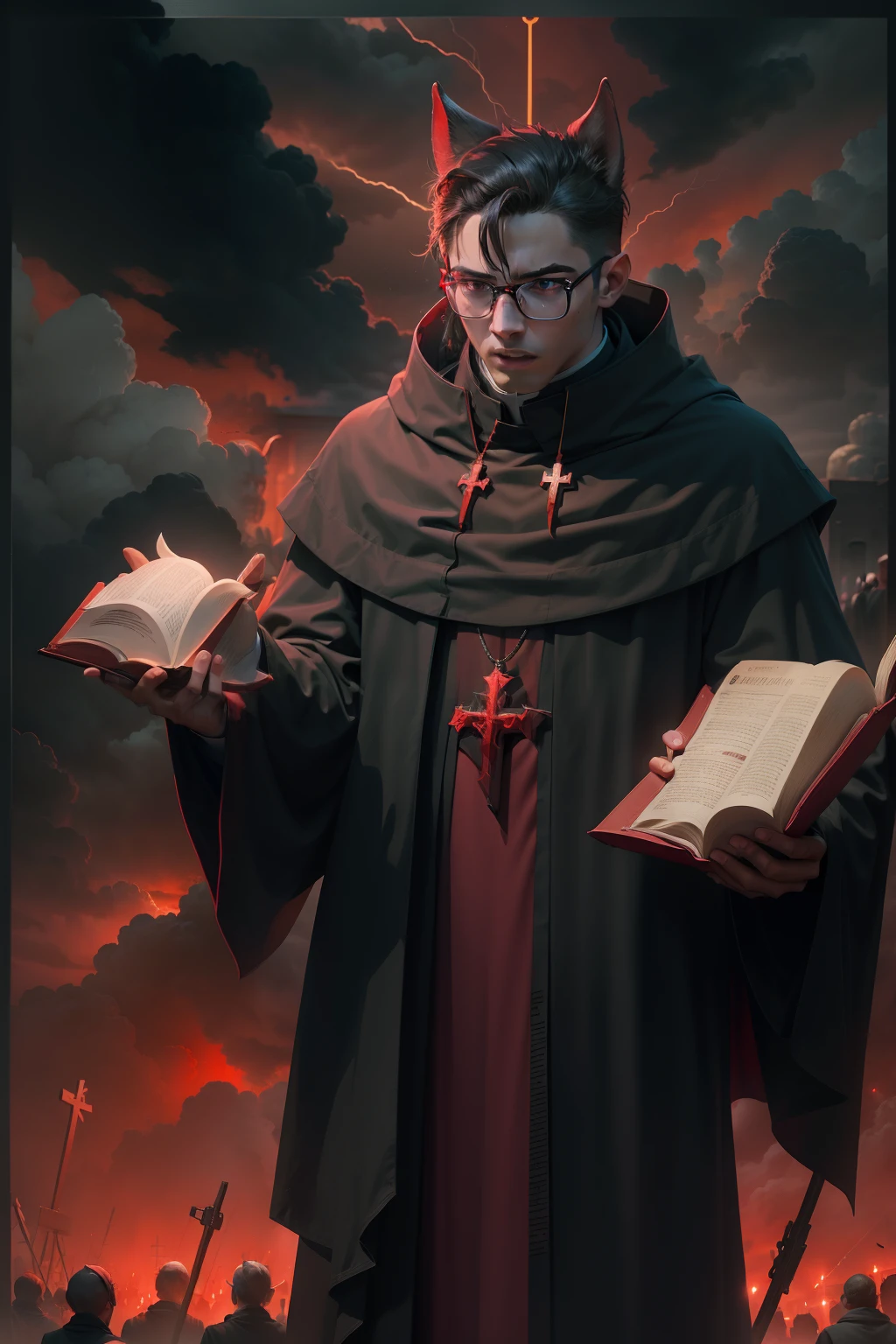 Young Priest preached crowd in front of church hellish weather dark clouds humans like beasts pigs apocalyptic scene, priest in glasses with red eyes , dark black covered bible in hand up head