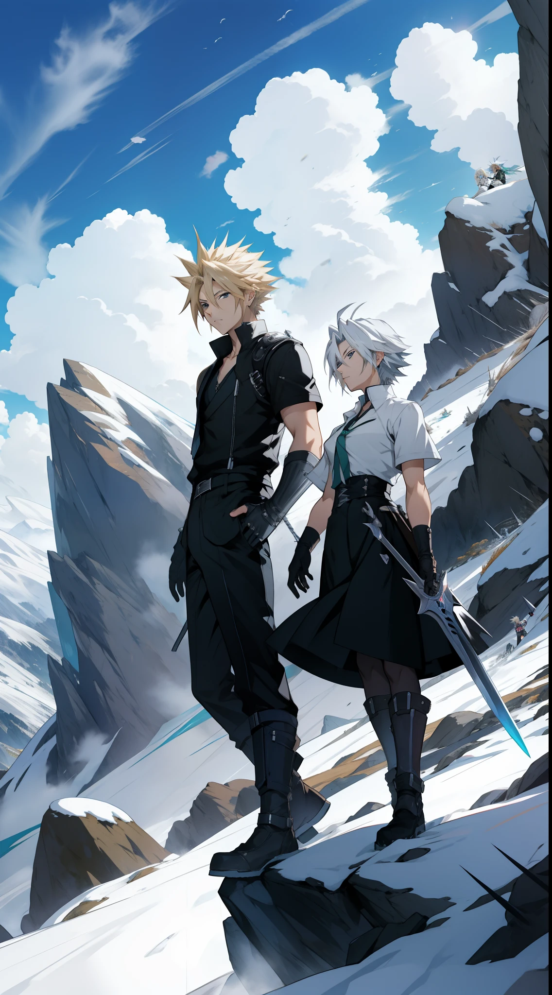 Cloud Strife, the man with short spiky hair and Sakuya Izayoi, the woman with short spiky hair together, are in the mountains, sunlight