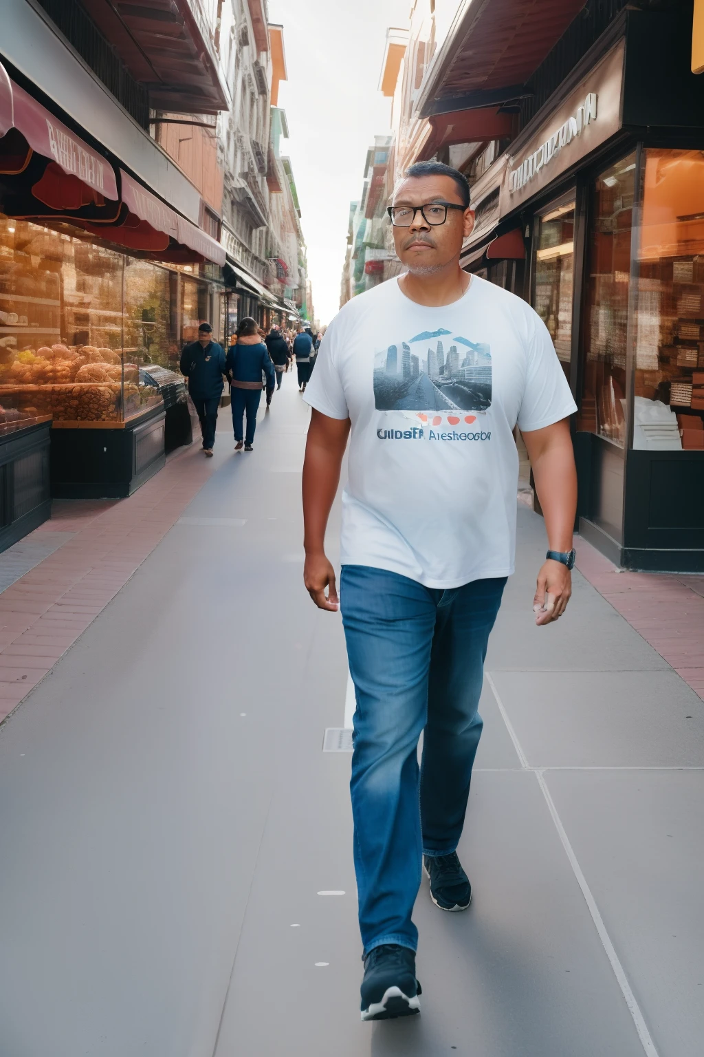 guttonerdvision10, full body portrait of a man with glasses, sunrise, walking down a busy street, many people walking, stores and buildings, Field depth, (Highly Detailed Skin:1.2), 8k UHD, DSLR, Soft Lighting, High Quality, Film Grain, Fujifilm XT3