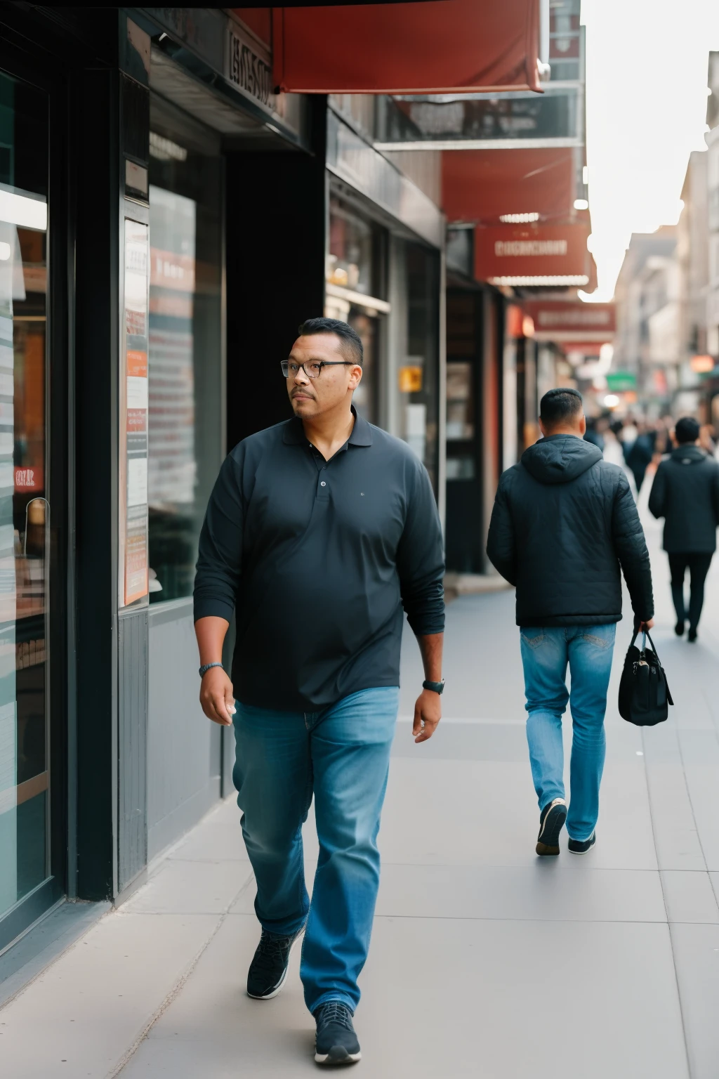 guttonerdvision10, full body portrait of a man with glasses, sunrise, walking down a busy street, many people walking, stores and buildings, Field depth, (Highly Detailed Skin:1.2), 8k UHD, DSLR, Soft Lighting, High Quality, Film Grain, Fujifilm XT3