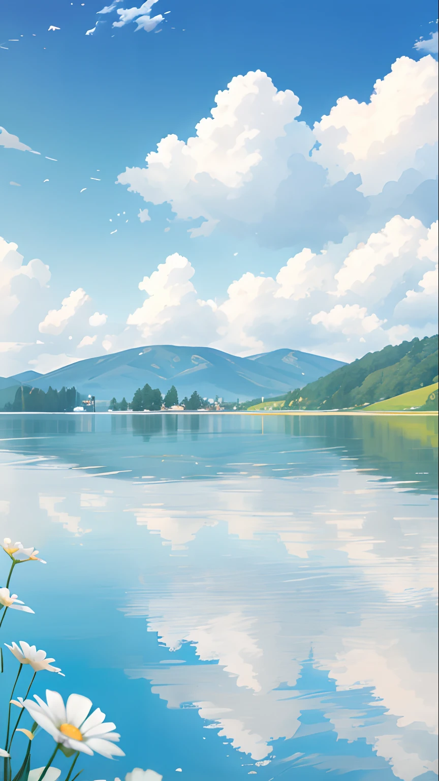 Summer, meadows, a few small flowers, clear lakes, sheep, heaven, large clouds, blue sky, hot weather, HD detail, hyper-detail, cinematic, surrealism, soft light, deep field focus bokeh, distant vistas are snowy mountains, ray tracing, and surrealism. --v6