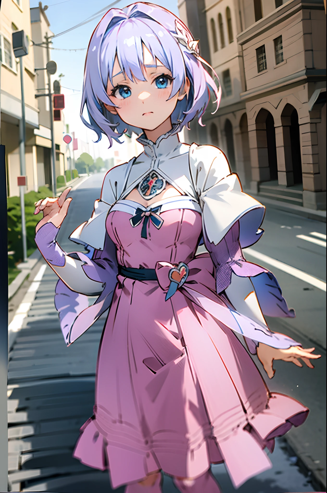 Anime girl with white short hair and blue eyes, wearing medieval pink white dress, stay on the road medieval, daybreak, perfect face, cute face, ultrasharp, 8k, masterpiece, full body