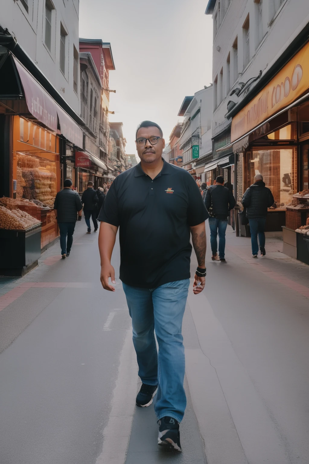 guttonerdvision10, full body portrait of a man with glasses, sunrise, walking down a busy street, many people walking, stores and buildings, Field depth, (Highly Detailed Skin:1.2), 8k UHD, DSLR, Soft Lighting, High Quality, Film Grain, Fujifilm XT3