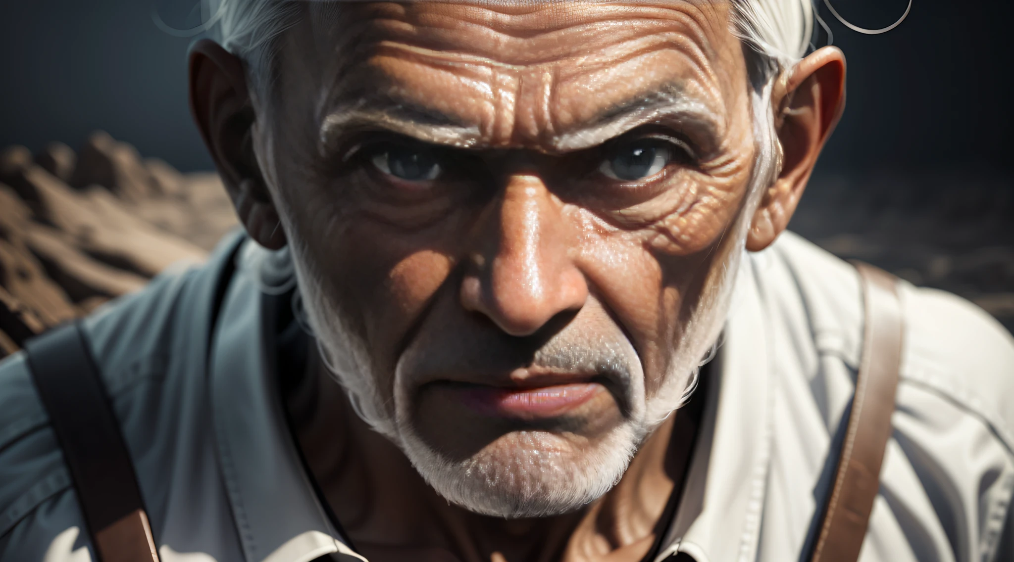 Epic, realistic, high-quality art from an old man, fundo preto, imagem seja preto e branco.