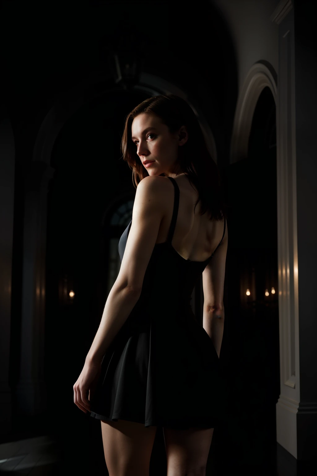 from behind, close up photo a beautiful girl's legs, european, photograph by artgerm and (greg rutkowski:0.3), (cinematic:0.4) lighting, short dress, dark Mansion
