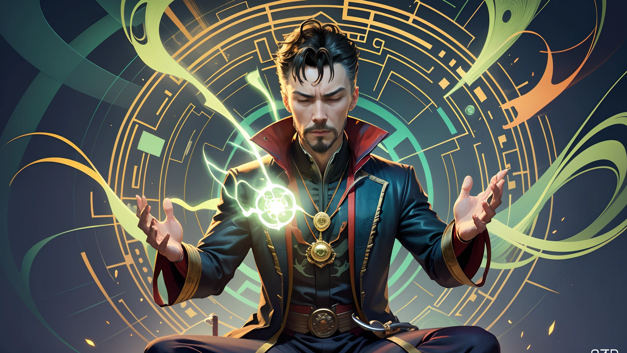 2d vector art of Dr Strange meditating, Green aura around him --auto --s2