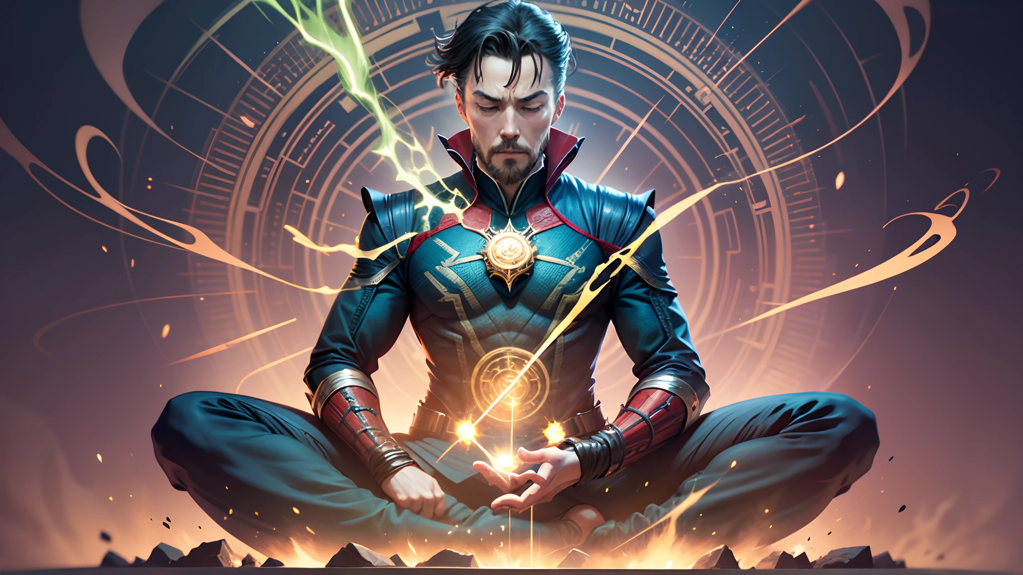 2d vector art of Dr Strange meditating, Green aura around him --auto --s2