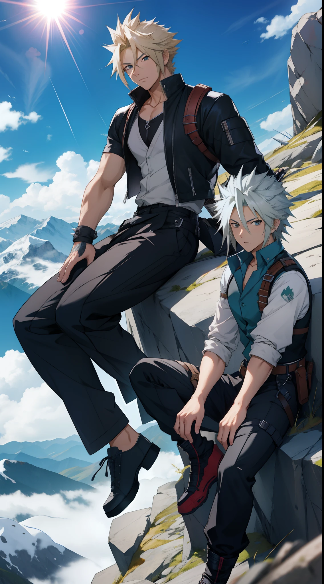 Cloud Strife, the man with short spiky hair and Sakuya Izayoi, the woman with short spiky hair together, are in the mountains, sunlight