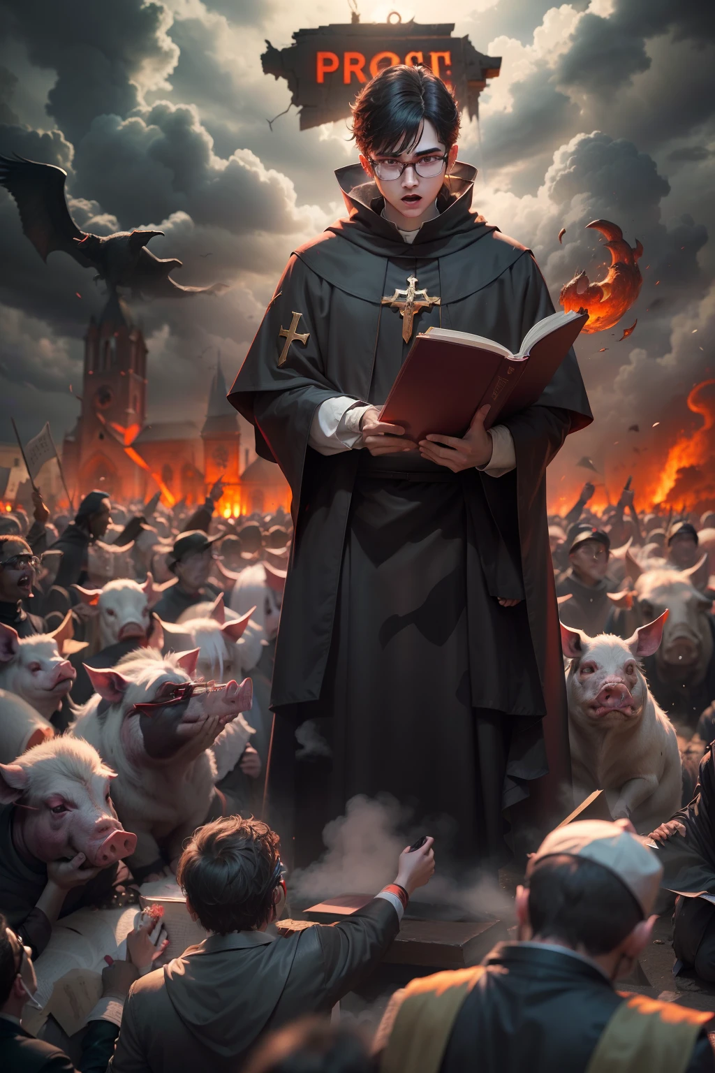Young Priest preached crowd in front of church hellish weather dark clouds humans like beasts pigs apocalyptic scene, priest in glasses with red eyes , dark black covered bible in hand up head