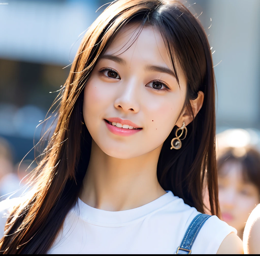 (8k, RAW Photo, Best Quality, Masterpiece:1.2), Ultra Detail, Super Resolution, (Realistic, Realistic Photo:1.37), Portrait, High Detail RAW Color Photo, Professional Photo, Extremely Detailed and Beautiful, Extremely detailed, 8k wallpaper, amazing and detailed, huge file size, official art, highly detailed CG unity 8k wallpaper, highly detailed beauty, highly detailed face, highly detailed eyes, highly detailed skin, highly detailed fingers, highly detailed nose, very detailed mouth, perfect anatomy, very detailed background, very detailed clothing, 1girl, ( 18:1.2), teen, cute girl, famous japanese idol, kawaii, realistic body, petite, fair skin, glowing skin, slim body, handsome body, brunette hair, long straight hair, (blunt bangs: 1.2), smile, cute, young, cute face, realistic face, delicate eyes, drooping eyes, white t-shirt, skirt, earrings, looking at the audience, denim photo, front, standing, contraposto, high street, public, crowd, dynamic light, Big breasts