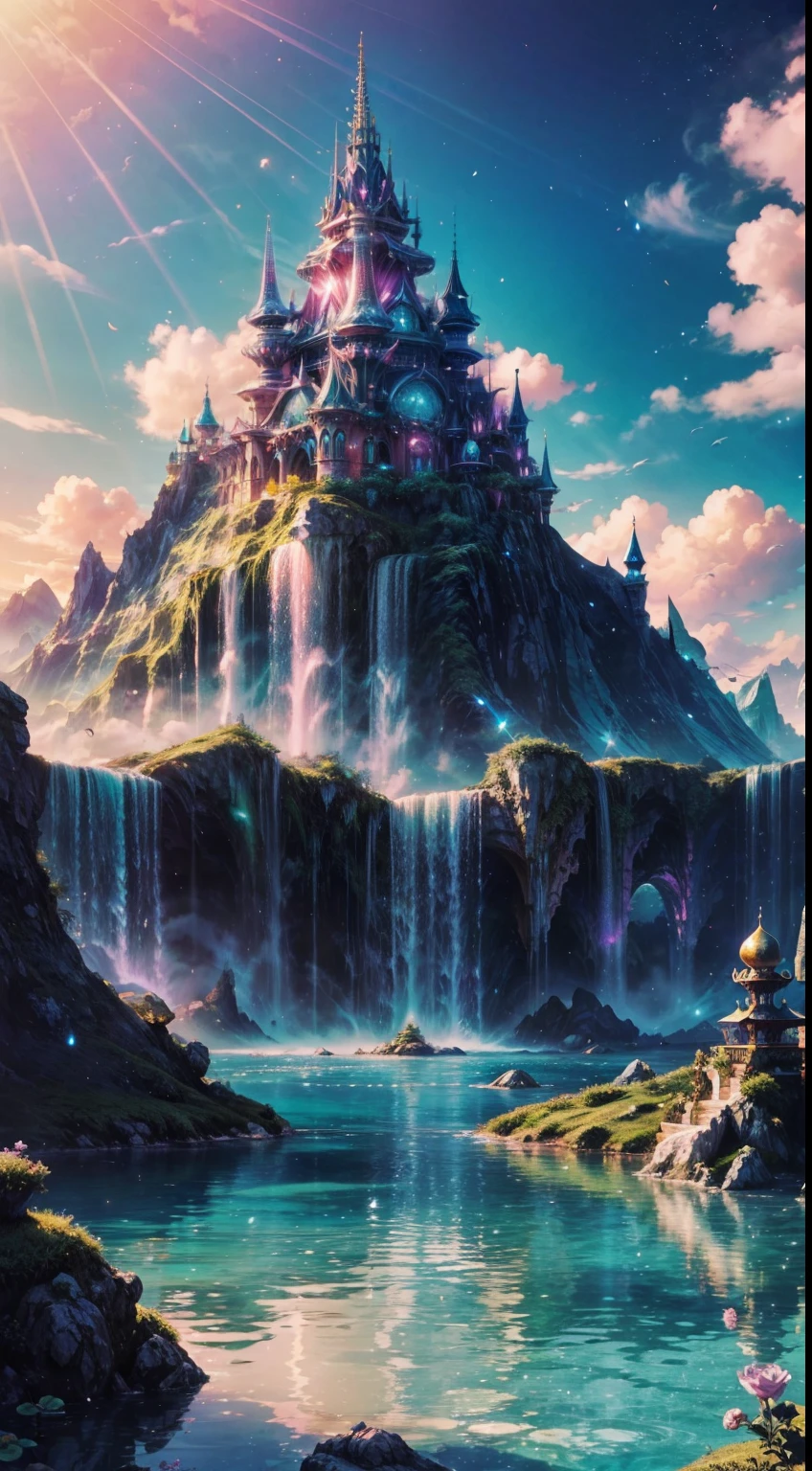 Envision a mesmerizing scene of a magnificent realm of romantic dreams. The environment is filled with intricate floating islands, fluffy clouds, waterfalls cascading from the floating islands, and a vibrant, surreal atmosphere. The atmosphere is filled with a sense of wonder and tranquility. Include many shades of vibrant jewel-toned hues. This scene will be depicted in an anime-style illustration, with soft lines, pastel colors, and a whimsical touch. All buildings are extremely detailed and elegant. The artwork will capture the ethereal beauty and tranquility of the dreamlike realm, creating a sense of harmony and escape from the ordinary world. Include teal water, colorful watercolor skies, glowing elements, and many small fantasy details including iridescence, expertly created majestic landscapes, and shimmer and glimmer. Above all else, this should look like a fantasy artwork. Include lots of vibrant color and vaguely surreal details.