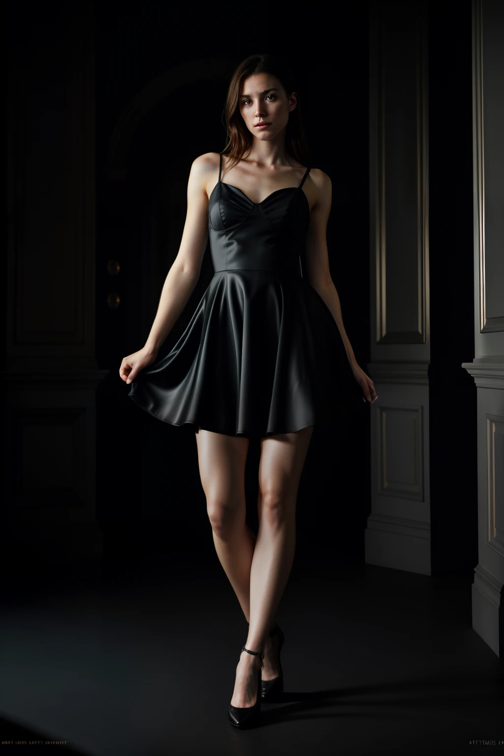 close up photo a beautiful girl's legs, european, photograph by artgerm and (greg rutkowski:0.3), (cinematic:0.4) lighting, short dress, dark Mansion