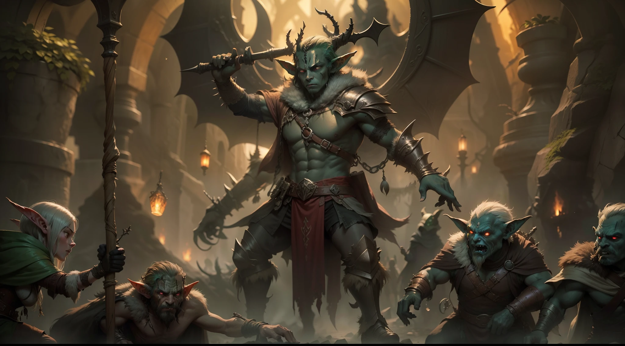 Amidst the dim caverns of Gloomhollow, a tapestry of sinister elegance unfurls. Goblin warriors, adorned in a haphazard medley of scavenged armor that reflects their subterranean heritage, celebrate their conquest. With stoic determination etched on their faces, they preside over elven captives – families once bathed in grace, now marked by despair.
The captives' fair forms contrast starkly against their captors. Elven parents, burdened by chains, cast protective glances towards their young, who huddle with a mixture of confusion and dread. Dust-streaked robes tell tales of Lumindel, their lost homeland.
The goblin troop, twelve strong, wields a variety of weaponry – jagged blades, crude spiked clubs, and enigmatic devices channeling earthy magic. A goblin chieftain, draped in tattered clan symbols, surveys the scene, pride mingling with wariness. To them, this is a reckoning, a display of power meant to ripple across realms.
Dim light filters through crevices, casting elongated shadows. Tension hangs in the air – a clash of worlds framed in eerie tableau. The underground expanse stretches, tunnels and phosphorescent fungi forming an otherworldly backdrop.
Amidst the dire, a glimmer of hope. The chieftain's gaze locks with a captured elven child. Uncertainty flickers, doubt sown in triumph's wake. In this frozen instant, worlds collide – perhaps sparking change. Within this image, shadows birth understanding, alliances rise, and a new era blooms.