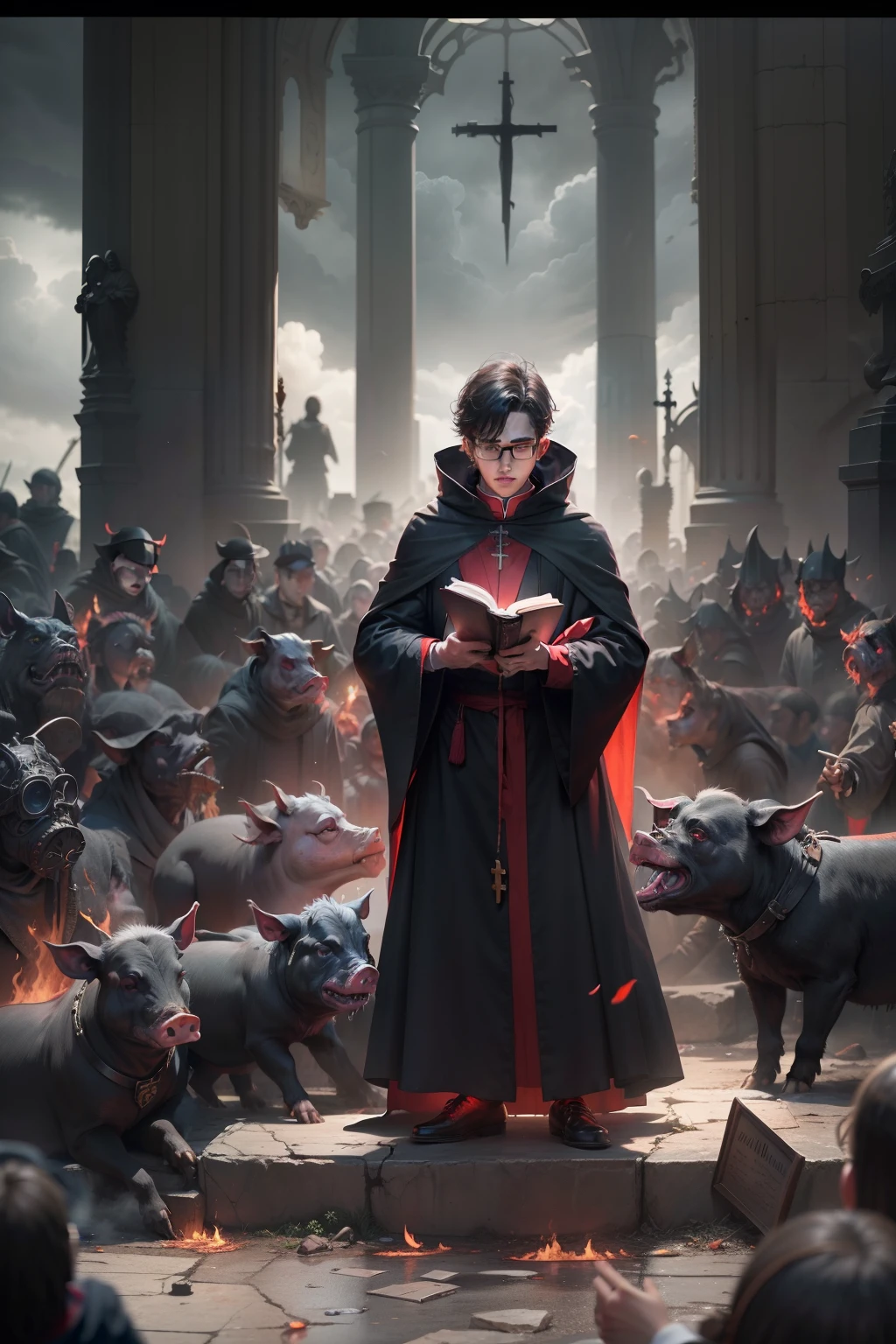 Young Priest preached crowd in front of church hellish weather dark clouds humans like beasts pigs apocalyptic scene, priest in glasses with red eyes , dark black covered bible in hand up head