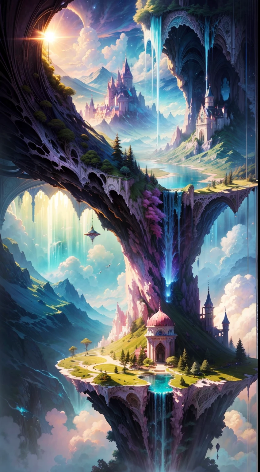 Envision a mesmerizing scene of a magnificent realm of romantic dreams. The environment is filled with intricate floating islands, fluffy clouds, waterfalls cascading from the floating islands, and a vibrant, surreal atmosphere. The atmosphere is filled with a sense of wonder and tranquility. Include many shades of pink in the image along with other vibrant jewel-toned hues. This scene will be depicted in an anime-style illustration, with soft lines, pastel colors, and a whimsical touch. All buildings are extremely detailed and elegant. The artwork will capture the ethereal beauty and tranquility of the dreamlike realm, creating a sense of harmony and escape from the ordinary world. Include teal water, colorful watercolor skies, glowing elements, and many small fantasy details including iridescence, expertly created majestic landscapes, and shimmer and glimmer. Above all else, this should look like a fantasy artwork.