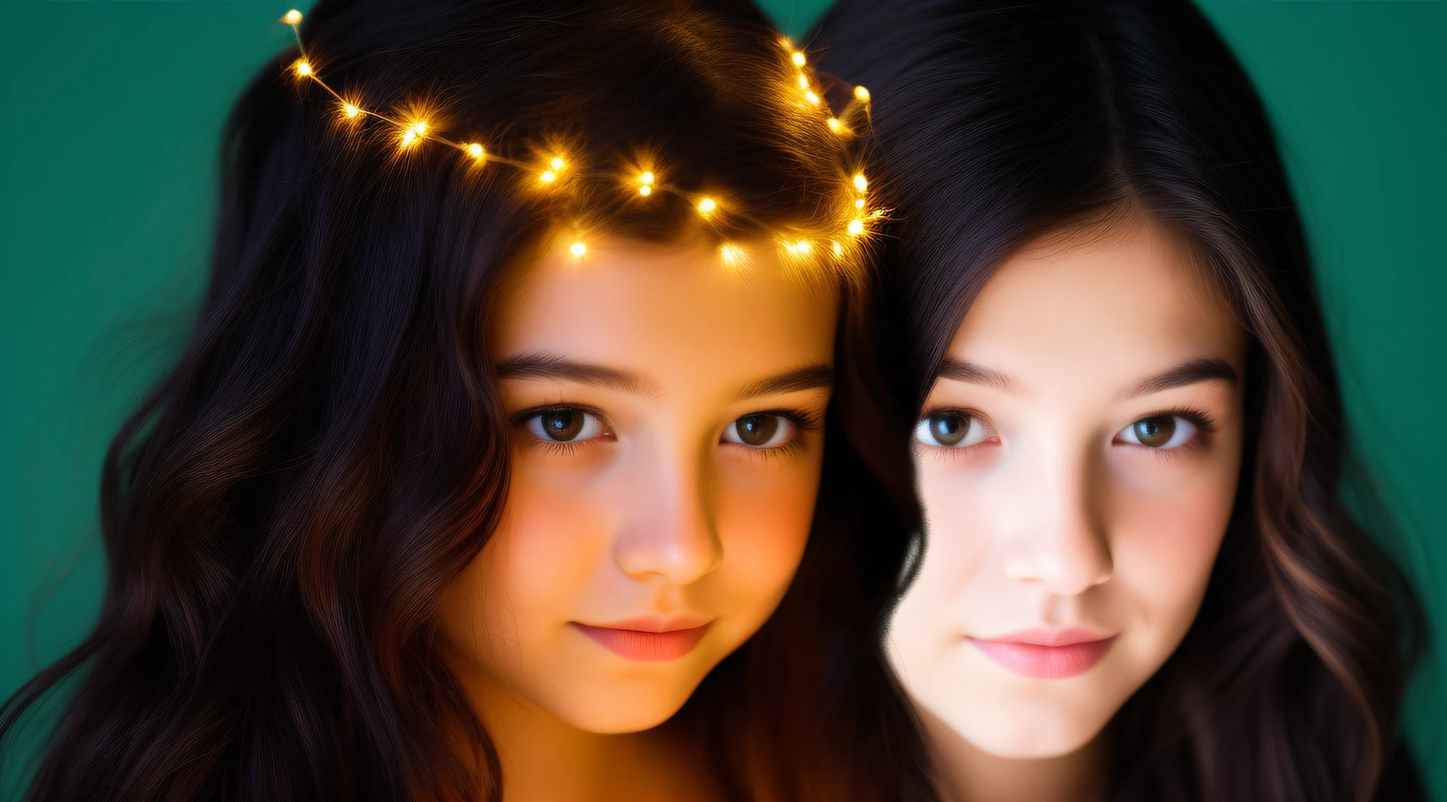 A closeup of a child with long hair and lights on his head, little girl with magical powers, painting digital adorable, Directed by: Hristofor Zhefarovich, portrait of magical young girl, glowing flowing hair, magic lighting overlays, menina bonita, luzes brilhantes! Pintura digital, fiber optic hair, menina bonito, cabelos eletrificados, flowing glowing hair