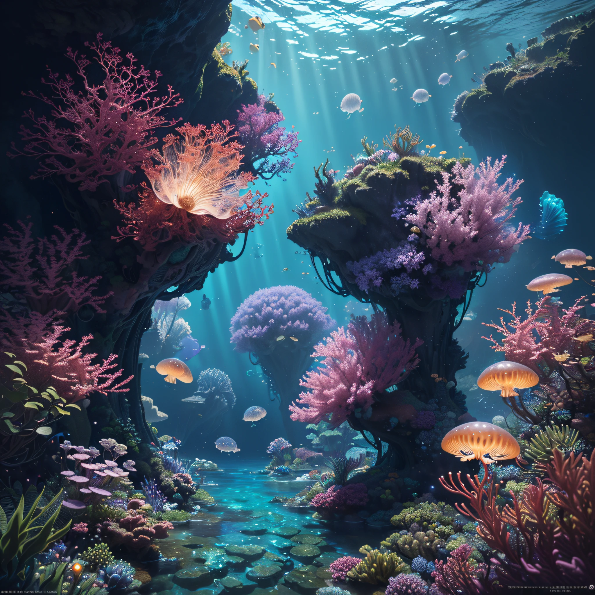 ((perspective)) microscopic world, vista, underwater fantasy,((masterpiece)), best quality, high quality, ((extremely detailed CG unity 8k wallpaper)),(fantasy), complex background, underwater fantasy world, fish school, Glowing jellyfish, colorful, (abyss)), staggered stone platforms in the abyss, glowing undersea plants, 3D digital painting, award winning photography, bokeh, depth of field, HDR, chromatic aberration, photorealistic, extremely detailed, artstation Trends on CGsociety, Intricate, High Detail, dramatic, art by midjourney, --v 6