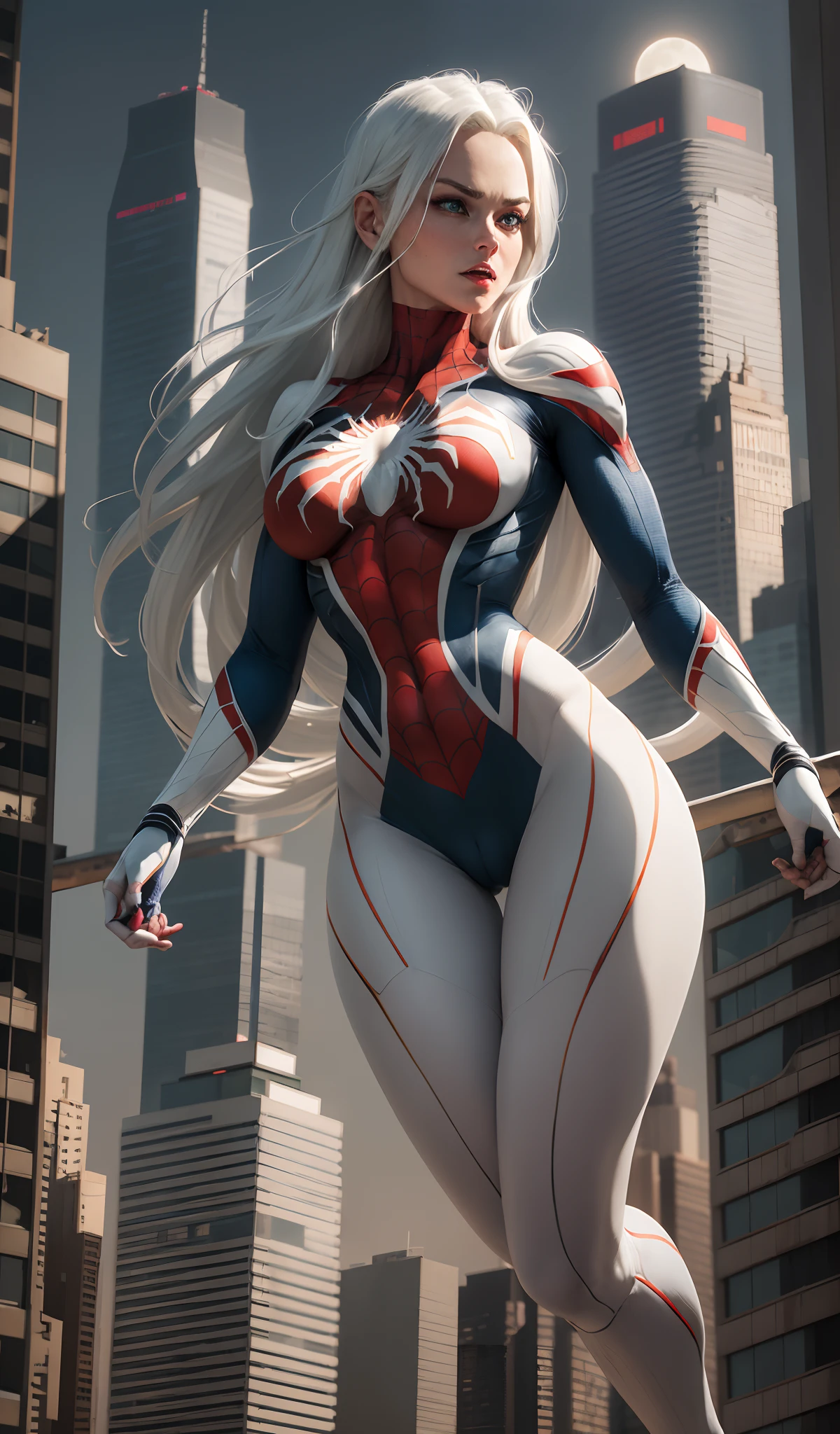 (Masterpiece, 4k resolution, ultra-realistic, very detailed), (White superhero theme, charismatic, there's a girl on top of town, wearing Spider-Man costume, she's a superhero), [ ((25 years), (long white hair:1.2), full body, (blue eyes:1.2), ((Spider-Man pose),show of strength, jumping from one building to another), ((sandy urban environment):0.8)| (cityscape, at night, dynamic lights), (full moon))] # Explanation: The Prompt mainly describes a 4K painting of ultra-high definition, very realistic, very detailed. It shows a superheroine at the top of the city, wearing a Spider-Man costume. The theme in the painting is a white superhero theme, the female protagonist has long white hair, is 25 years old and her entire body is shown in the painting. In terms of portraying the actions of superheroines, spiders are employed