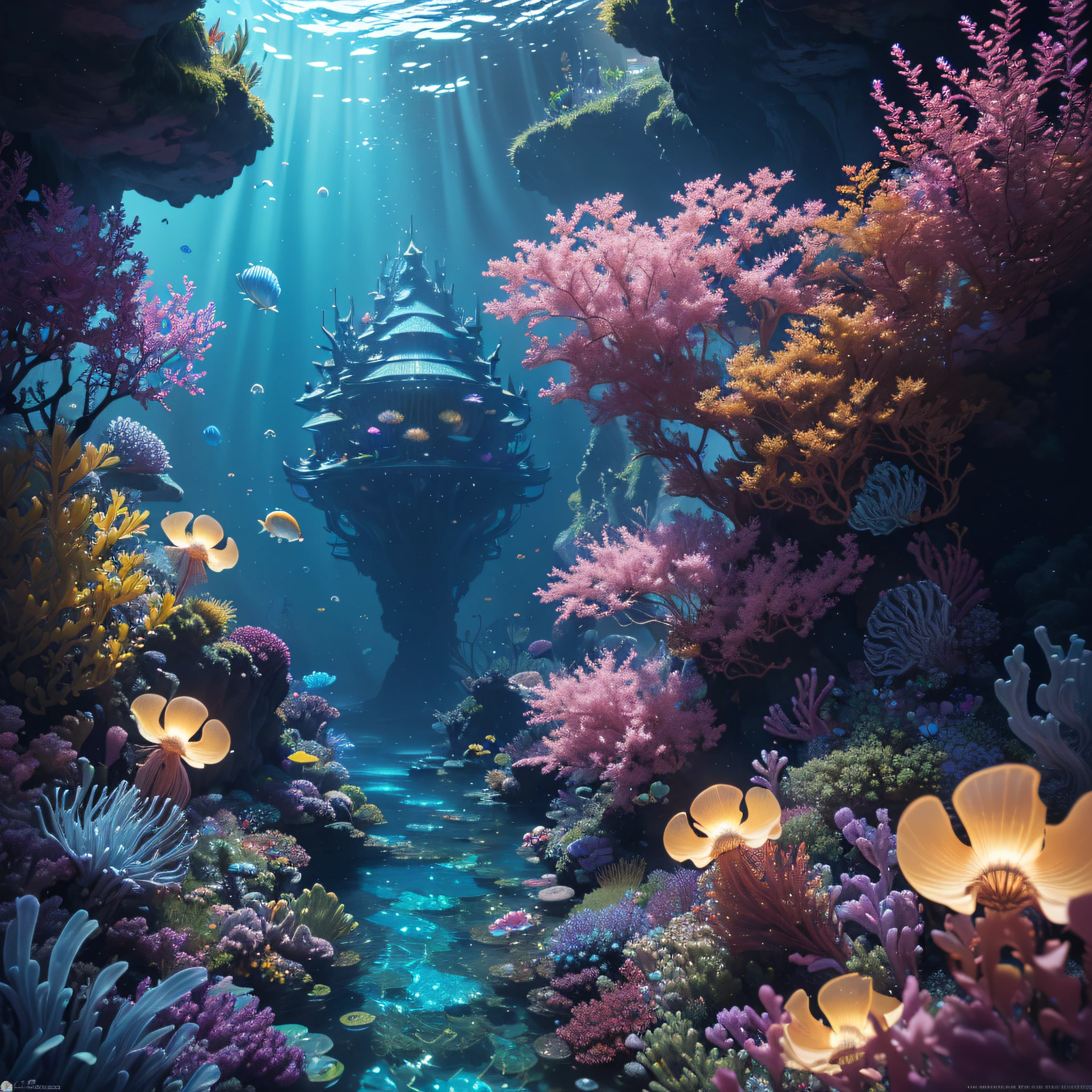 ((perspective)) microscopic world, vista, underwater fantasy,((masterpiece)), best quality, high quality, ((extremely detailed CG unity 8k wallpaper)),(fantasy), complex background, underwater fantasy world, fish school, Glowing jellyfish, colorful, (abyss)), staggered stone platforms in the abyss, glowing undersea plants, 3D digital painting, award winning photography, bokeh, depth of field, HDR, chromatic aberration, photorealistic, extremely detailed, artstation Trends on CGsociety, Intricate, High Detail, dramatic, art by midjourney, --v 6