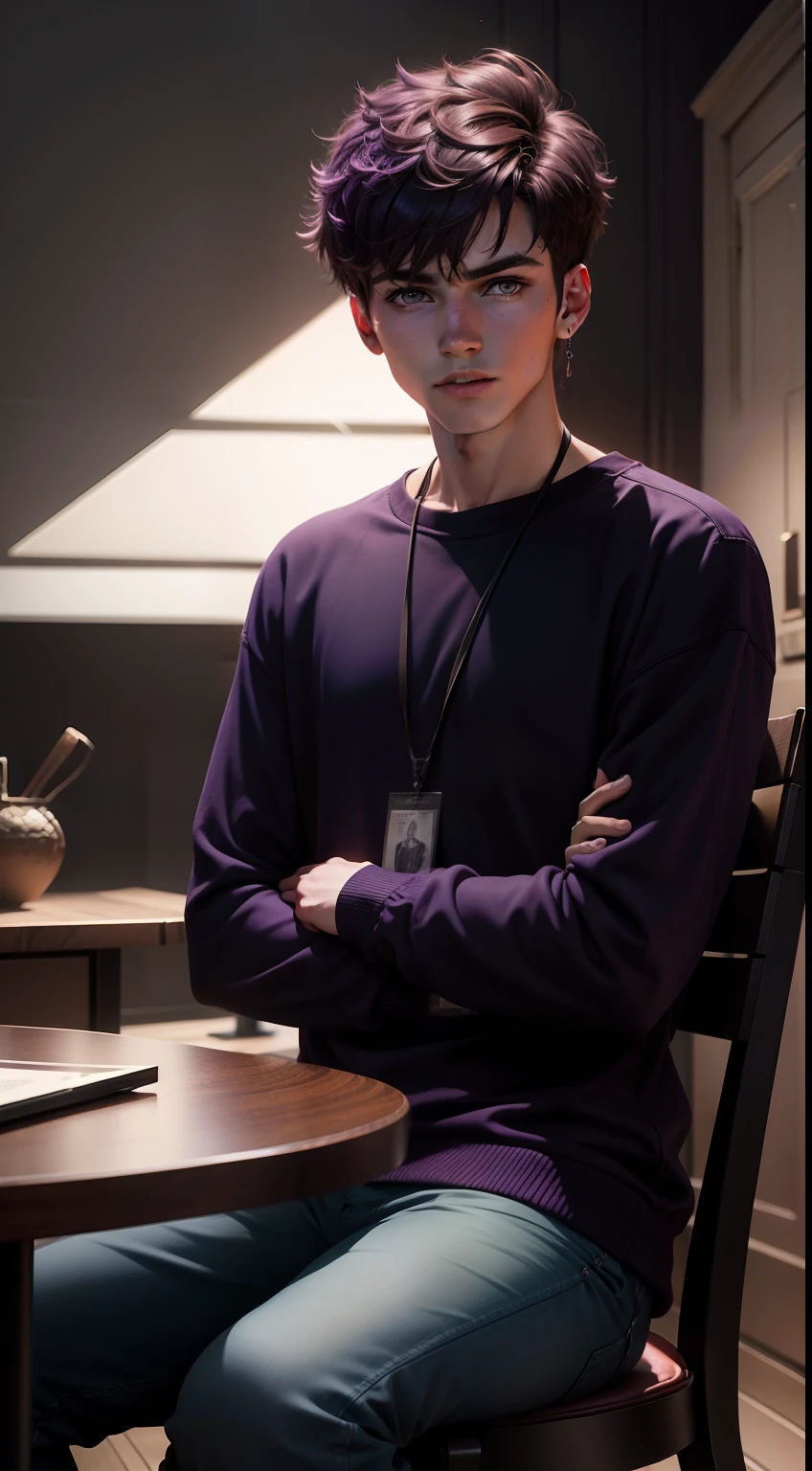 ultra realistic 8k image of a 20 year old male youtuber, short hair dyed purple, sitting at a table with a mysterious figure, dark room, horror movie style