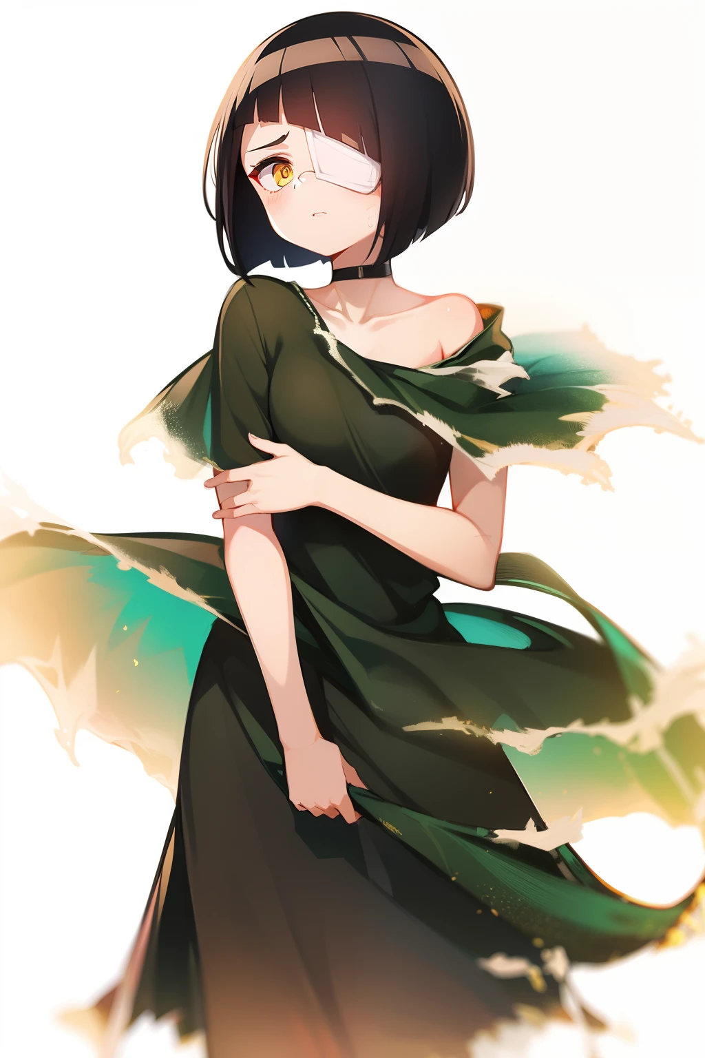 girl, black hair, short hair, white eye patch, golden eyes