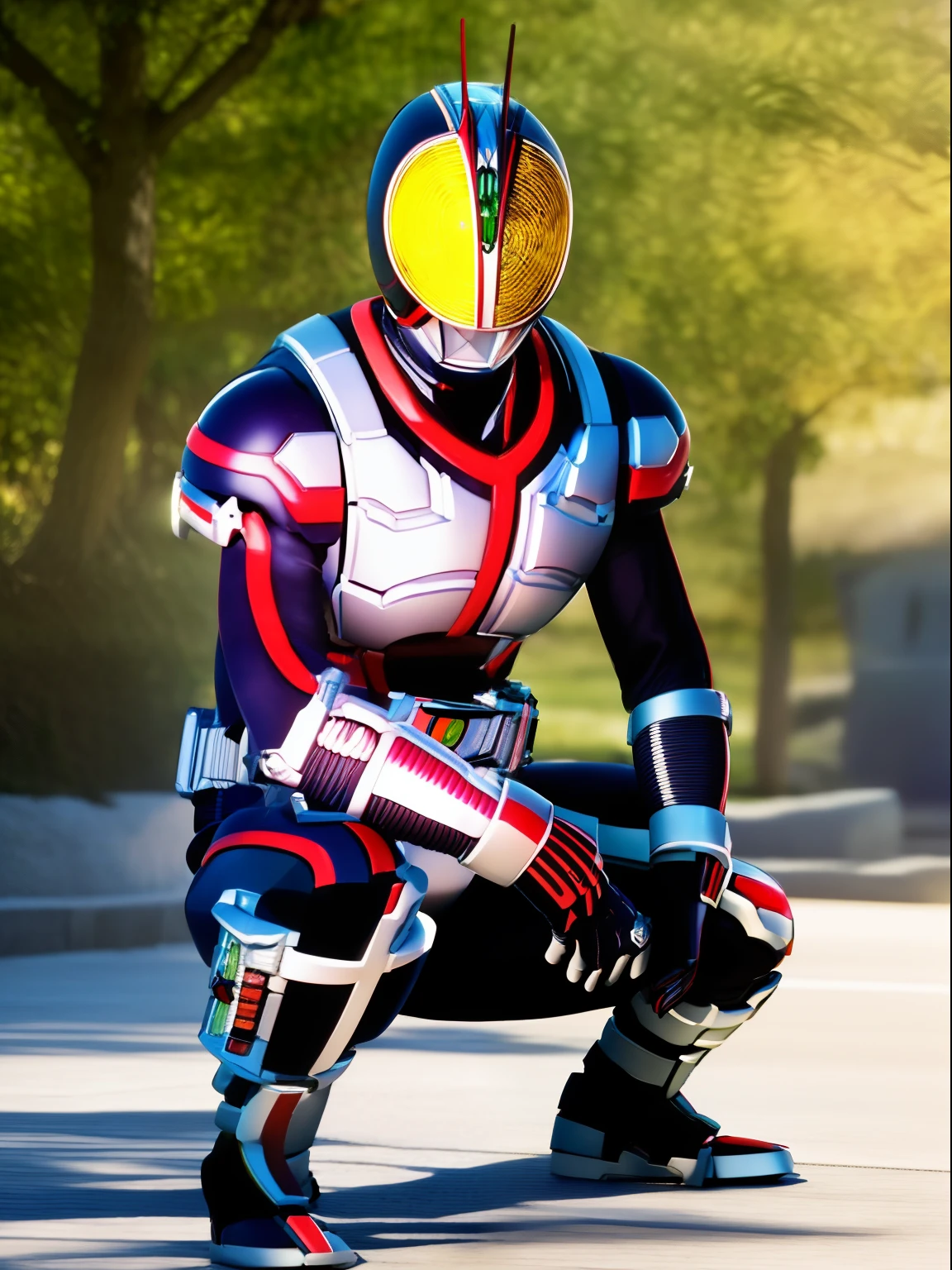 masterpiece,best quality, high resolution, extra detailed, kamenrider555 , squatting, outdoor, sharp focus, studio lighting