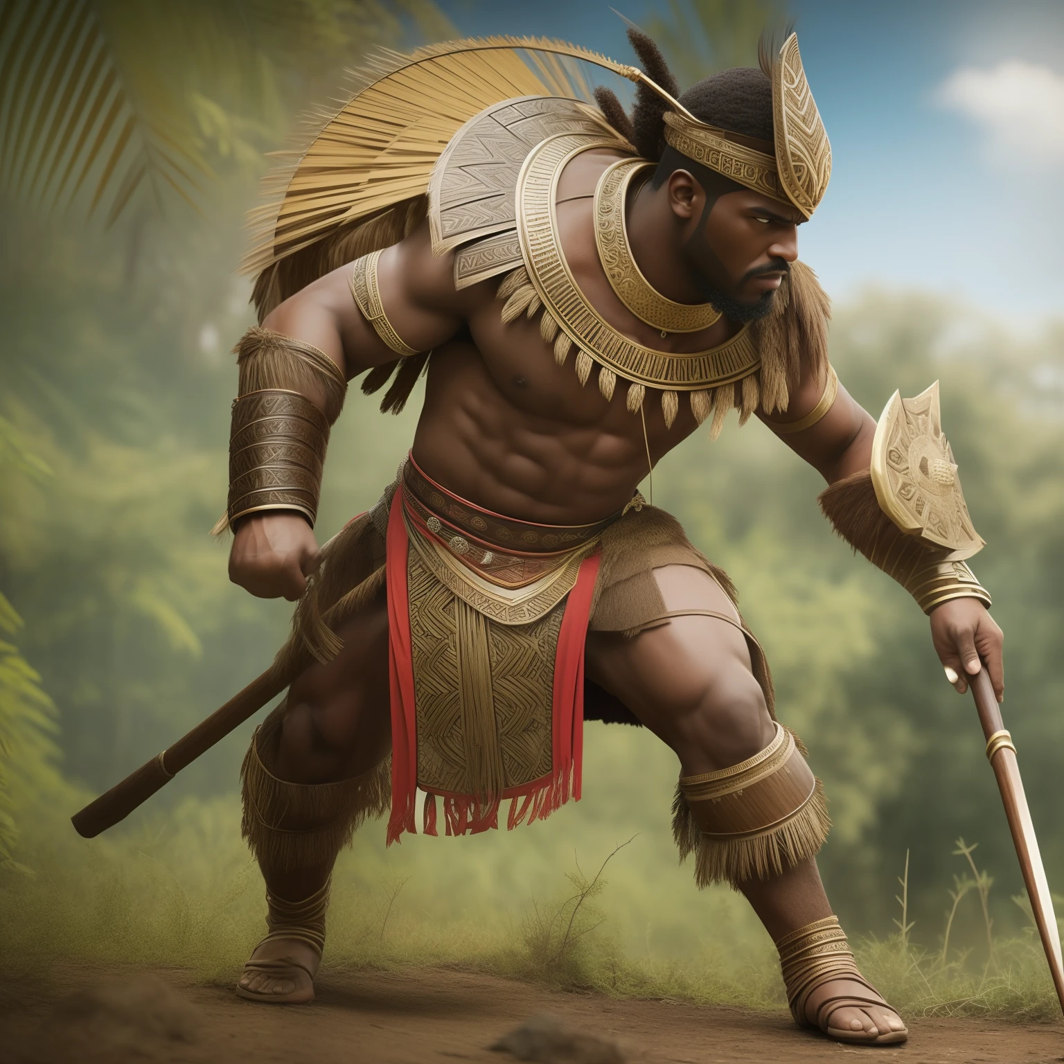 African Zulu warrior dressed in characteristic attire carrying a deadly spear, agazapada en la jungla asechando a su presa, gran angular, ultra      detallada, imagen 3 D, 34K resolution, octanaje       renderizado, detalle intricado, Volumetric lighting, efecto vidrio roto. Photo Style 50mm Lens,    apertura F 2.5. Sugerencias: No debe salir: Borroso, 2 cabezas, 2 caras, mala anatomia, malas proporciones, mal arte, mal dibujado, cara mal dibujada, mutado, mutilado, extremidades extras, extremidades perdidas, extremidades, flotantes, extremidades fusionadas, fuera de foco, low res, carton, plastico