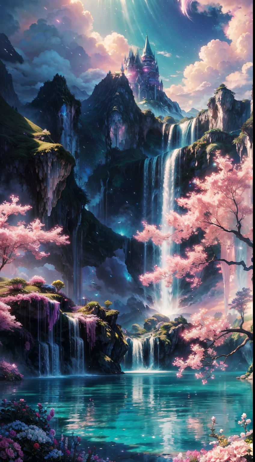 Envision a mesmerizing scene of a magnificent realm of romantic dreams. The environment is filled with intricate floating islands, fluffy clouds, waterfalls cascading from the floating islands, and a vibrant, surreal atmosphere. The atmosphere is filled with a sense of wonder and tranquility. Include many shades of vibrant jewel-toned hues. This scene will be depicted in an anime-style illustration, with soft lines, pastel colors, and a whimsical touch. All buildings are extremely detailed and elegant. The artwork will capture the ethereal beauty and tranquility of the dreamlike realm, creating a sense of harmony and escape from the ordinary world. Include teal water, colorful watercolor skies, glowing elements, and many small fantasy details including iridescence, expertly created majestic landscapes, and shimmer and glimmer. Above all else, this should look like a fantasy artwork. Include lots of vibrant color and vaguely surreal details.