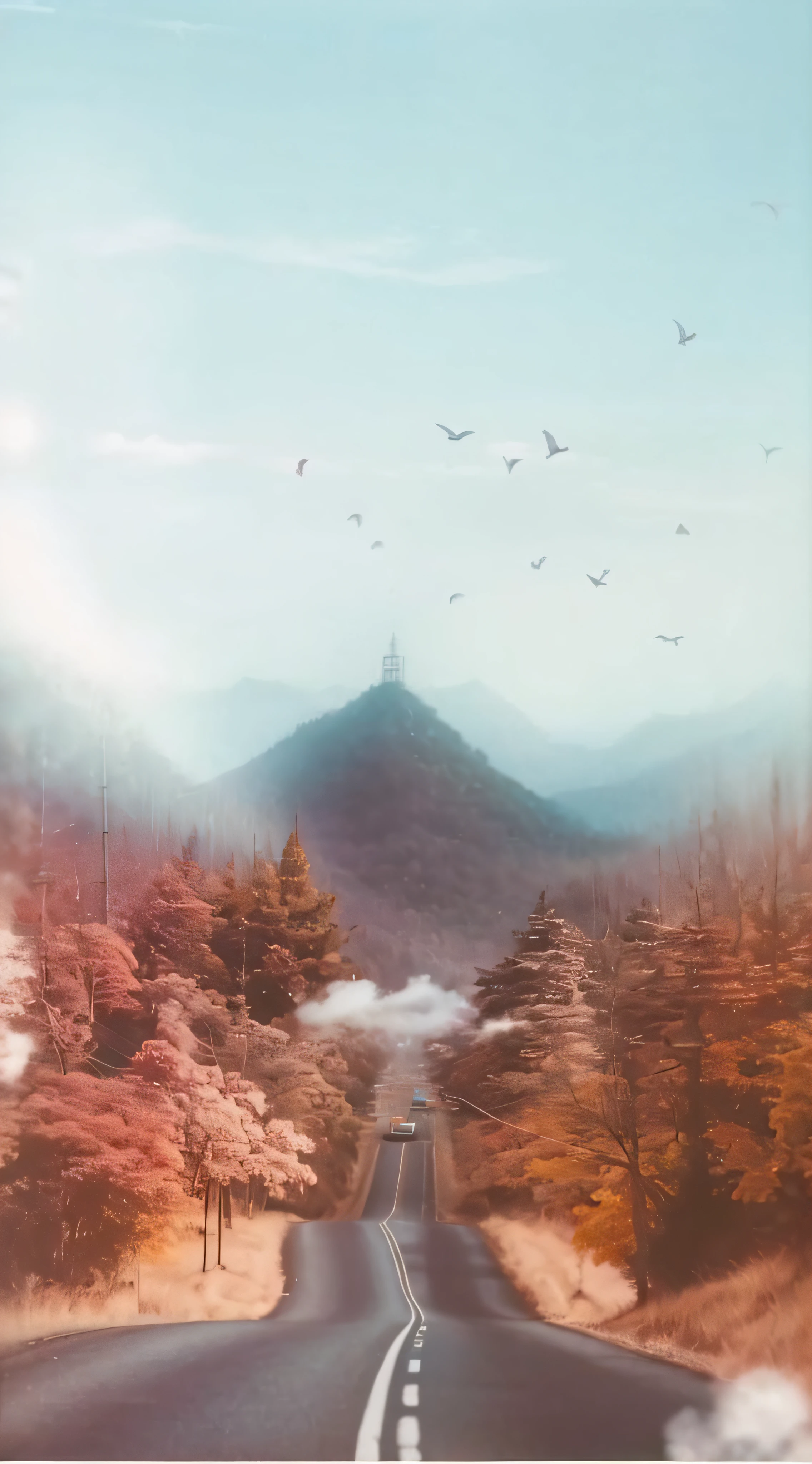 There's a blurry photo of a road with birds flying over it, Uma paisagem de sonho surreal, VFX surreal altamente detalhado, visuais de outro mundo, paisagem montanhosa. filme ainda, blurry and dreamy illustration, em uma paisagem de sonho surreal, pintura fosca sonhadora, realismo | bipe, pintura fosca surreal, Paisagem de sonho surreal, grainy risograph matte painting