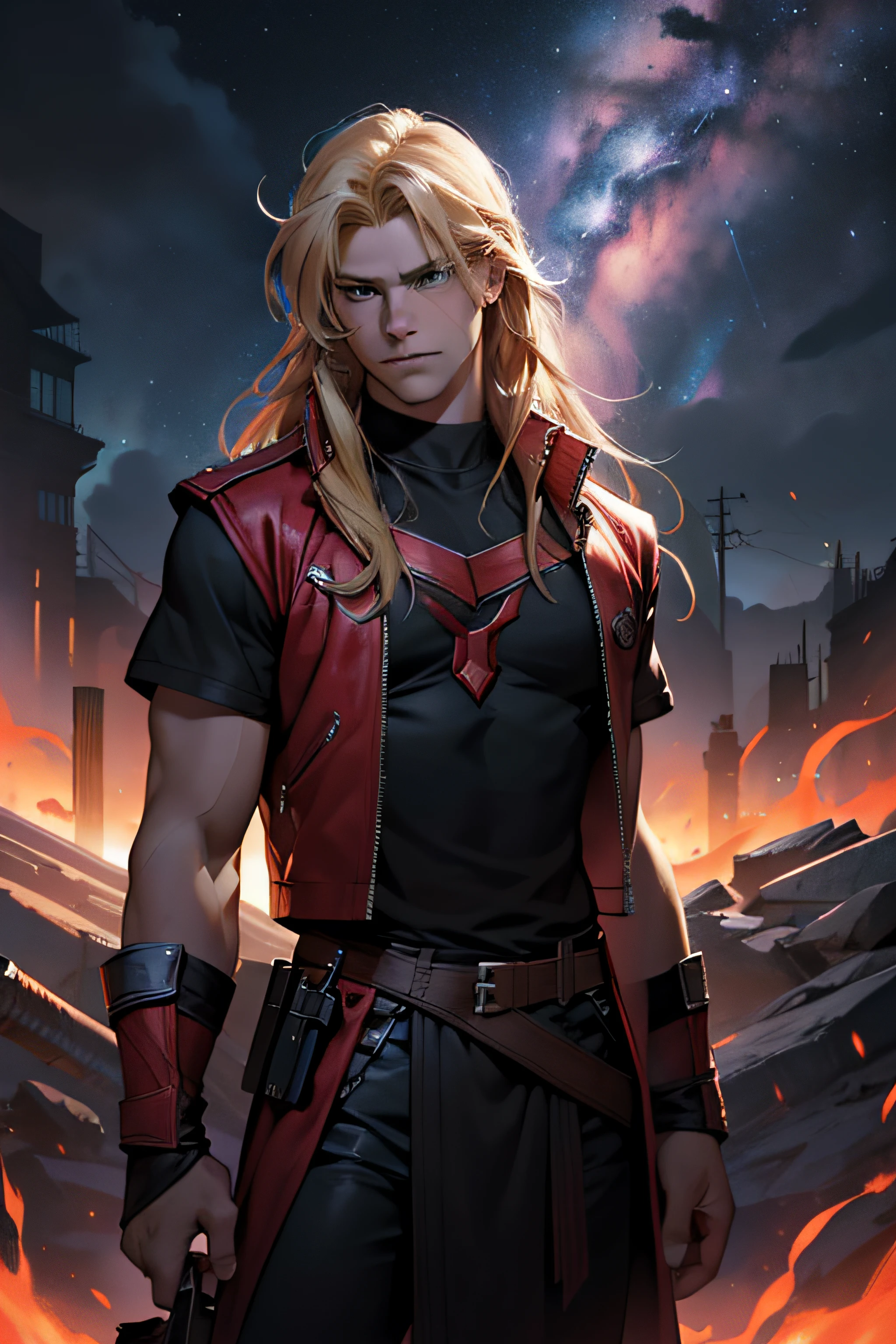 1 solo Thor com as roupas de Terry Bogard pretas, raios ao redor de si, thunder, thunder , cabelo blond, roupas pretas, vestes pretas, Nebula and smoke, black cloth, arms behind the head, tempo fechado, tempo nublado, tempo escuro, cidade, raios ao redor