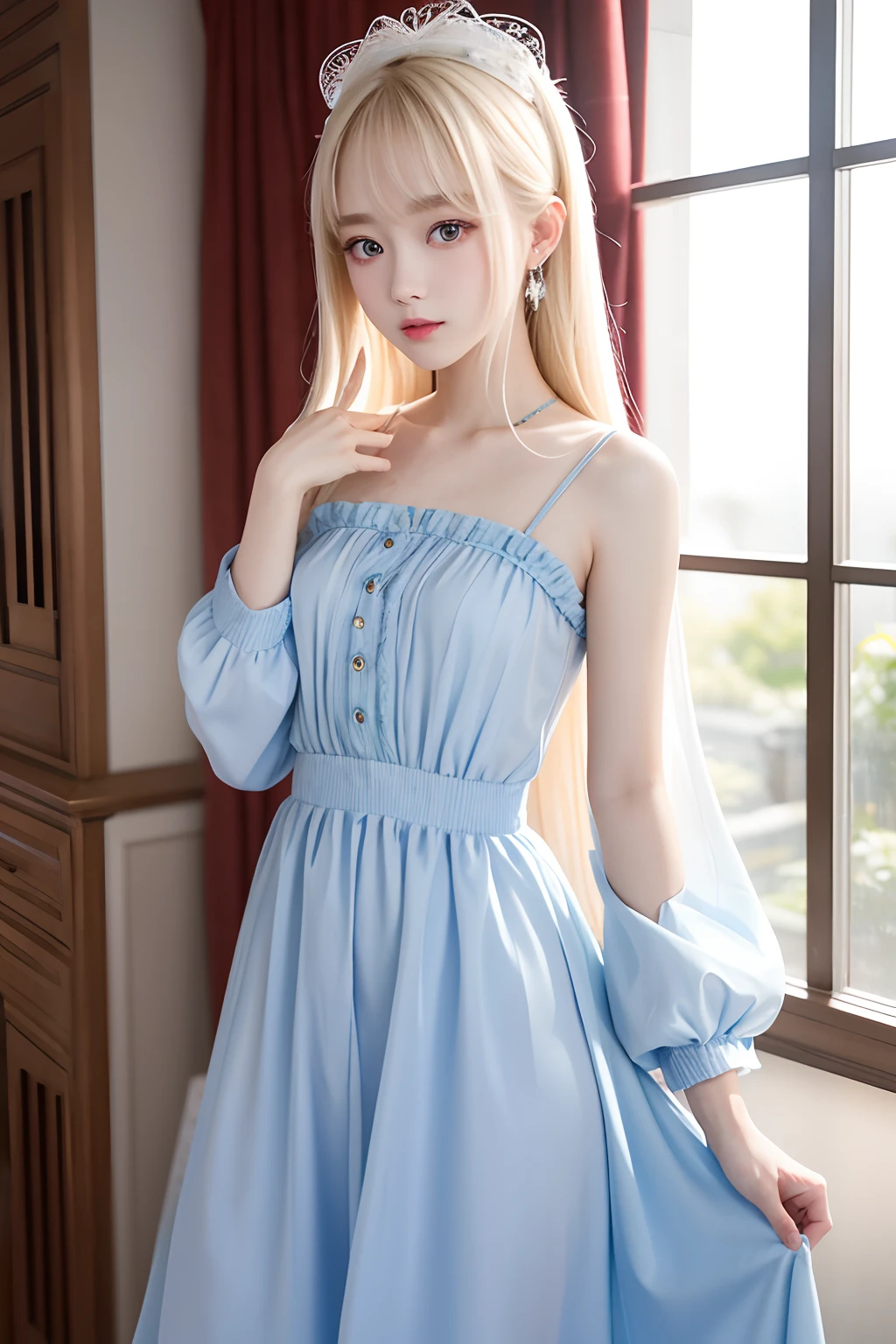top-quality,超高分辨率,photore,Ultimate beauty,Bright beautiful cute beautiful girl photos,详细的脸,(PureErosface_V1:0.008),Shiny white beautiful skin,alice in the wonderland,14岁,Beautiful platinum blonde hair,beautiful bangs,Silky extra-long straight hair,Shining large, beautiful light blue eyes,比基尼,Transparent fabric