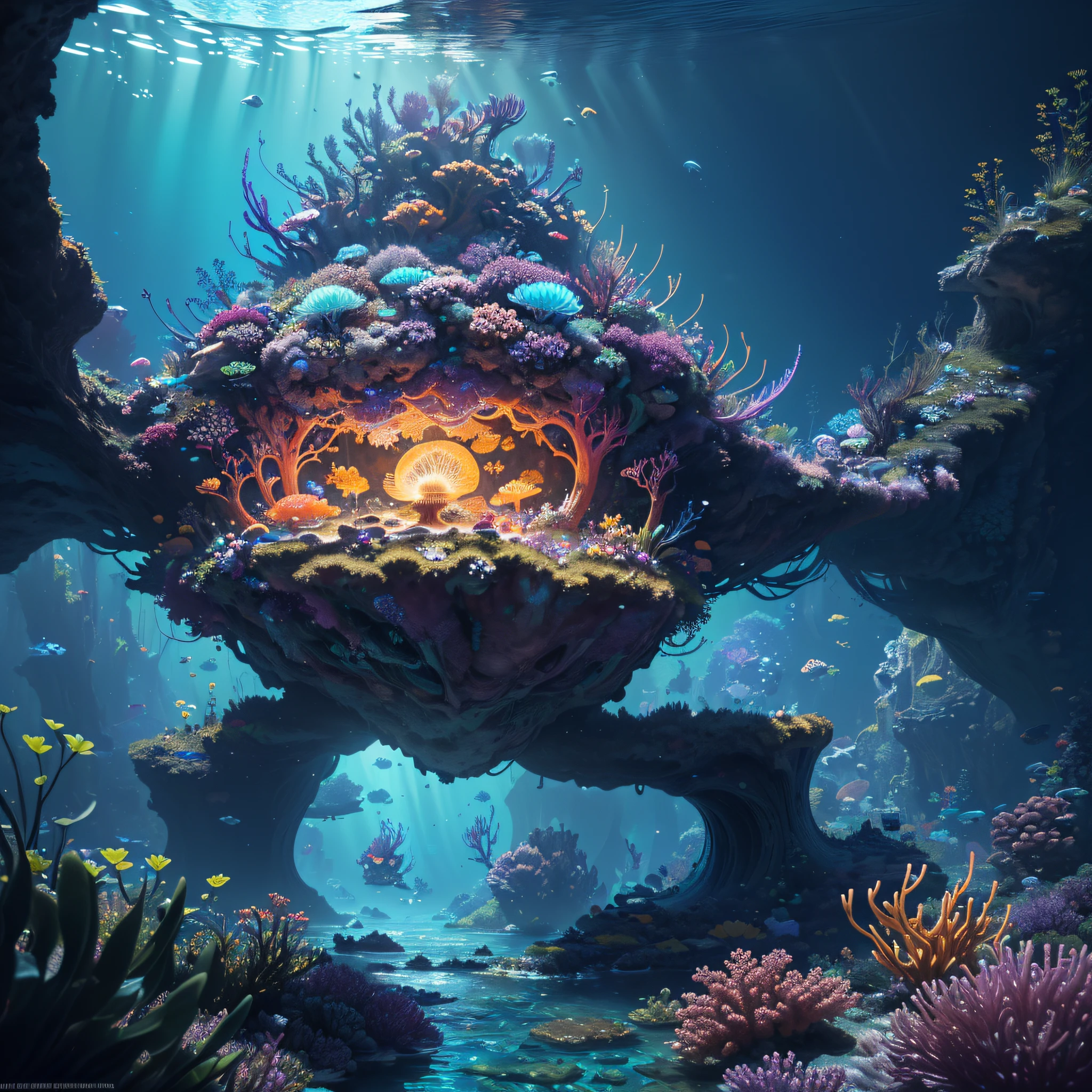 ((perspective)) microscopic world, vista, underwater fantasy,((masterpiece)), best quality, high quality, ((extremely detailed CG unity 8k wallpaper)),(fantasy), complex background, underwater fantasy world, fish school, Glowing jellyfish, colorful, (abyss)), staggered stone platforms in the abyss, glowing undersea plants, 3D digital painting, award winning photography, bokeh, depth of field, HDR, chromatic aberration, photorealistic, extremely detailed, artstation Trends on CGsociety, Intricate, High Detail, dramatic, art by midjourney, --v 6