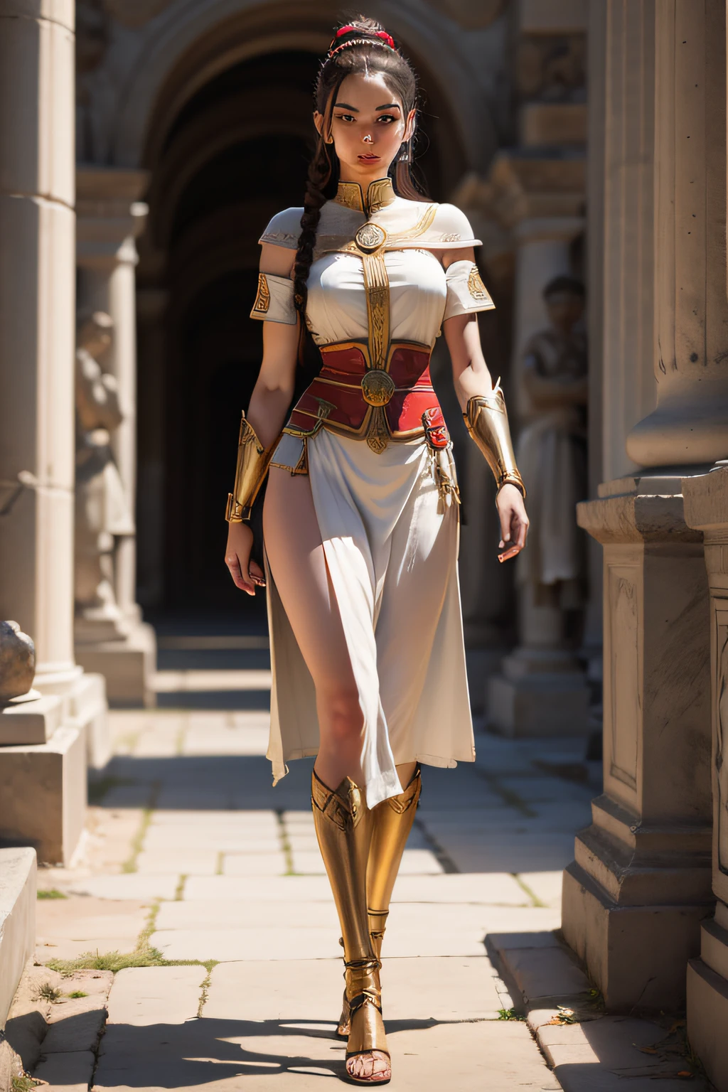 Show an image of a Caucasian woman standing, looking straight ahead, wearing ancient Greek clothing, with one robotic arm and one robotic leg visible.