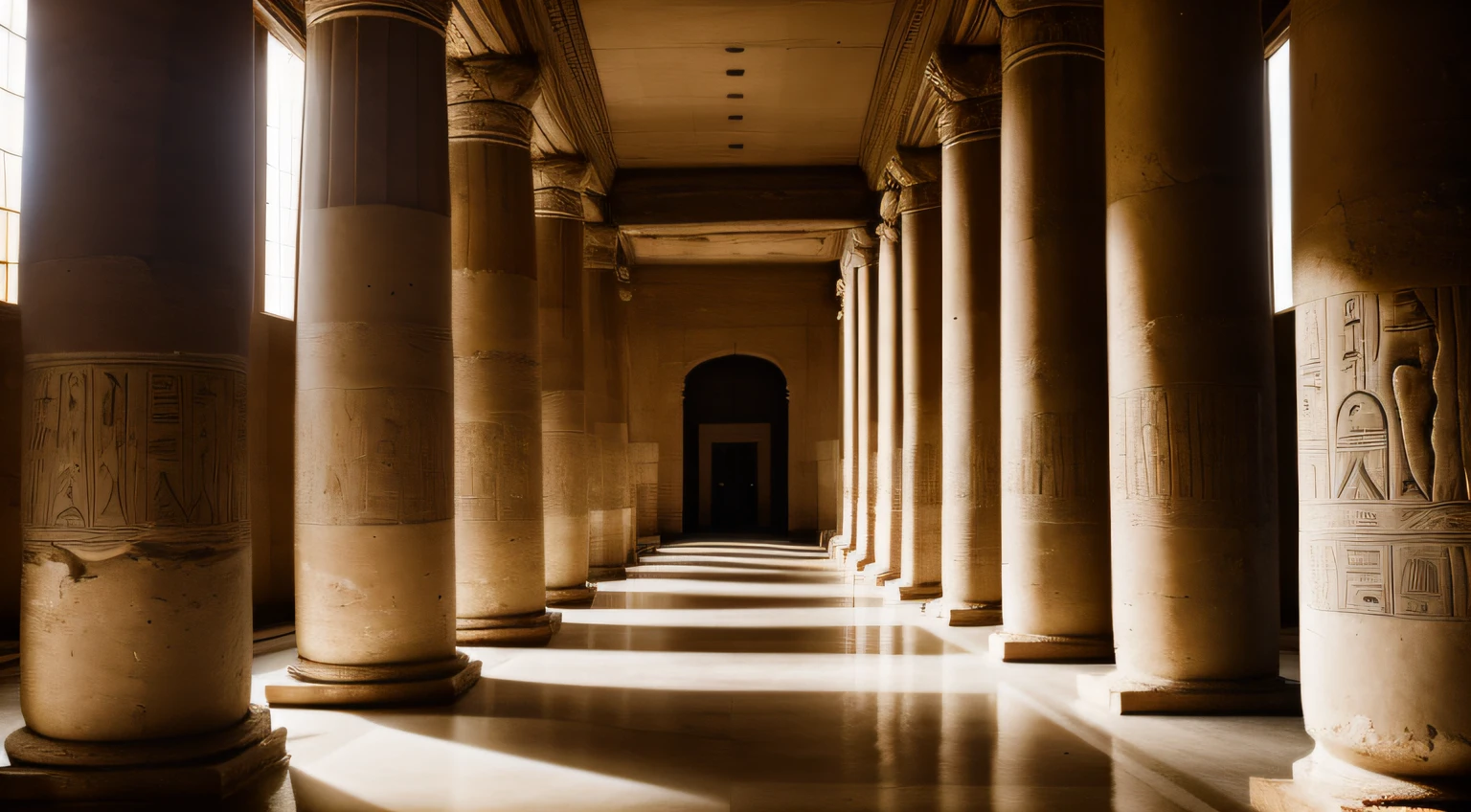 "((RAW, analog style)), Ancient Egyptian hall featuring majestic columns, illuminated by gentle, natural light."