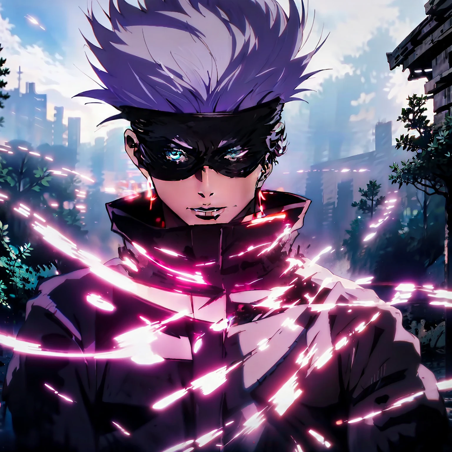 ((Best quality)), ((masterpiece)), ((realistic)), depict Satoru Gojou in his black outfit, with his vibrant blue eyes shining, engaged in a fierce battle amidst an urban cityscape at dusk. The scene should be filled with intense action and dynamic energy, showcasing the power and skill of the character. The lighting should be dramatic, with vibrant neon lights illuminating the surroundings. The artwork should be created in the style of manga, specifically inspired by the works of Hokusai. Utilize digital painting as the medium to capture the intricate details and convey the intensity of the scene. The artwork should be dynamic and action-packed, with a color scheme that includes vibrant blues, purples, and oranges. Employ cel-shaded 3D computer graphics to add depth and a unique visual style to the composition. Ensure the artwork is of high quality, with a focus on achieving a realistic portrayal of the character and his surroundings. The final result should be a scenic masterpiece that captures the essence of the intense battle featuring Satoru Gojou.
