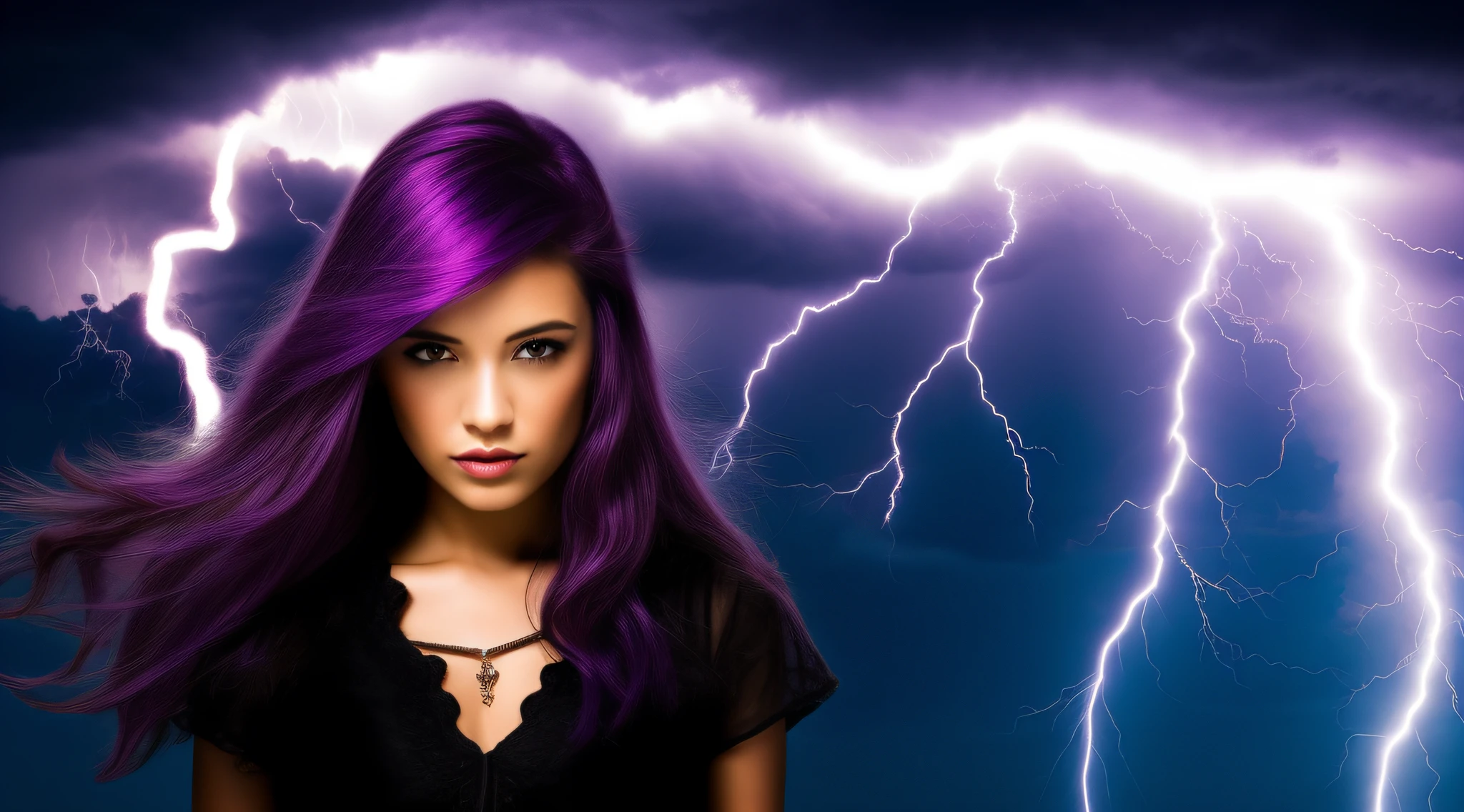 There is a girl with purple hair and a lightning bolt, lightning fantasy magic,  girl with magical powers, she is attracting lightnings, efeitos de raios, Explosive lightning spell, cinematic lightning and colors, magic and lightning, lightning master, with lightning bolts, Dramatic purple thunder, splashes of lightning behind her, purple lightning, amazing lightning art, cabelos eletrificados