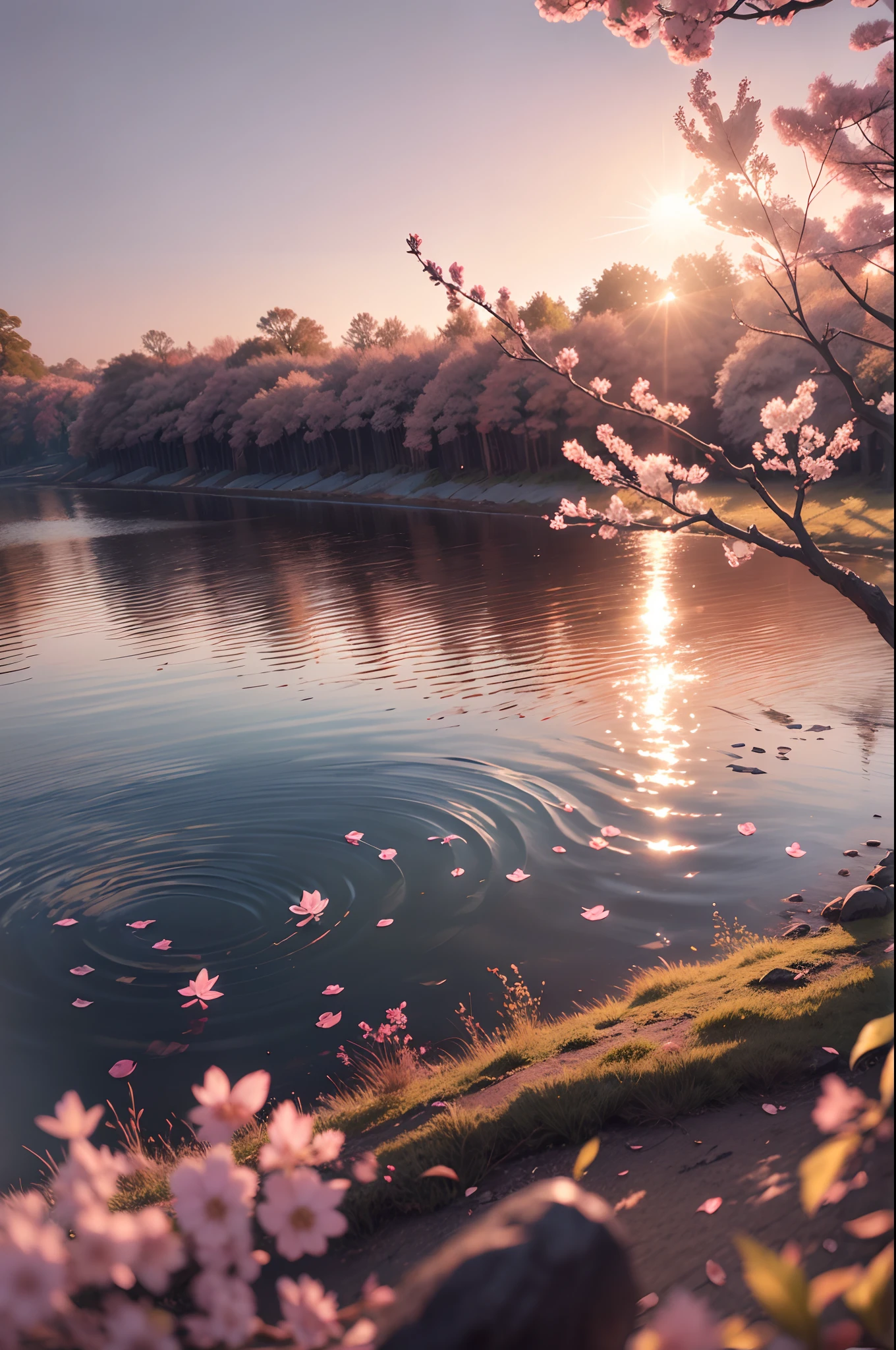 Cherry tree teoets leaves in spring sunset near a river where it reflects the realistic sun 8k --auto --s2