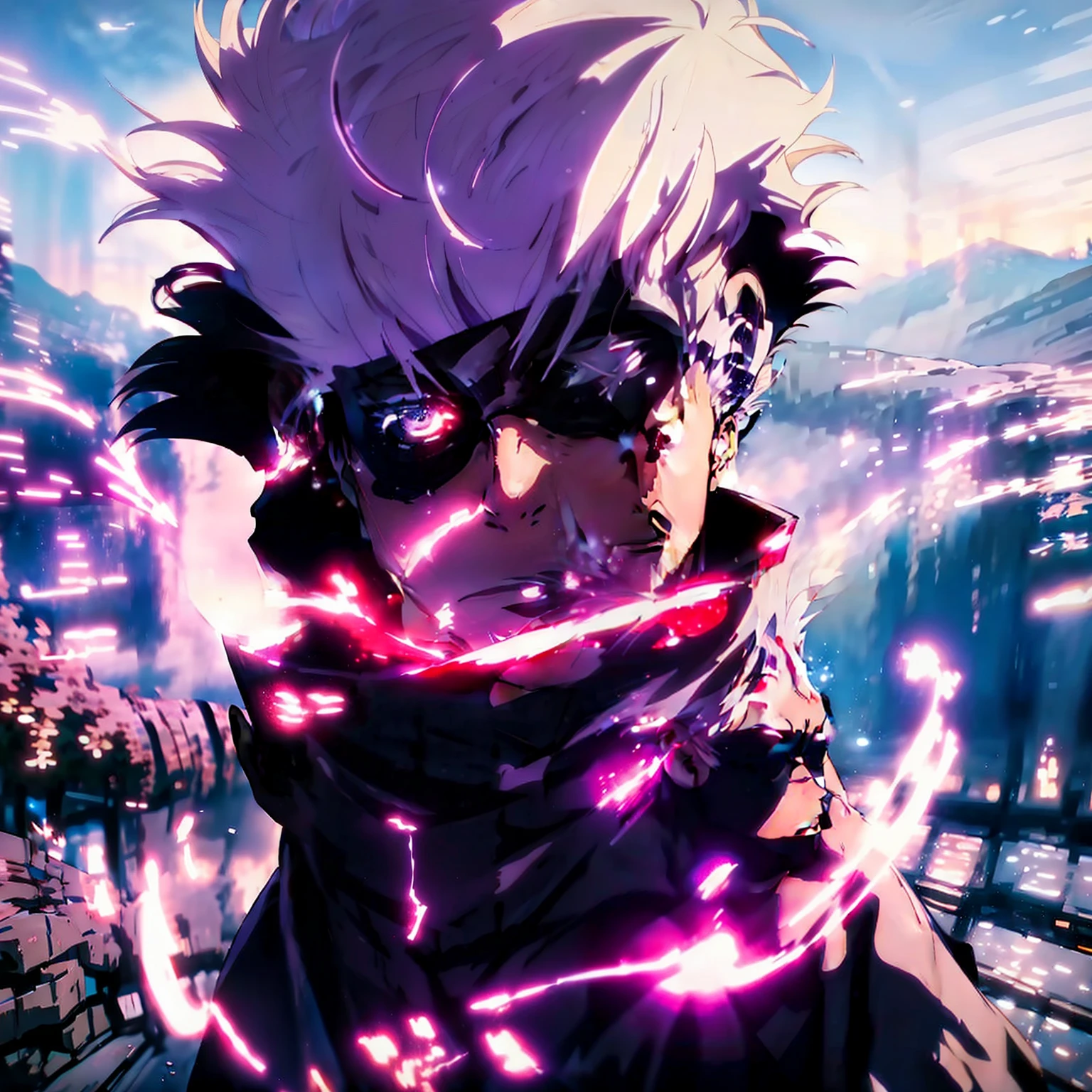 ((Best quality)), ((masterpiece)), ((realistic)), depict Satoru Gojou in his black outfit, with his vibrant blue eyes shining, engaged in a fierce battle amidst an urban cityscape at dusk. The scene should be filled with intense action and dynamic energy, showcasing the power and skill of the character. The lighting should be dramatic, with vibrant neon lights illuminating the surroundings. The artwork should be created in the style of manga, specifically inspired by the works of Hokusai. Utilize digital painting as the medium to capture the intricate details and convey the intensity of the scene. The artwork should be dynamic and action-packed, with a color scheme that includes vibrant blues, purples, and oranges. Employ cel-shaded 3D computer graphics to add depth and a unique visual style to the composition. Ensure the artwork is of high quality, with a focus on achieving a realistic portrayal of the character and his surroundings. The final result should be a scenic masterpiece that captures the essence of the intense battle featuring Satoru Gojou.