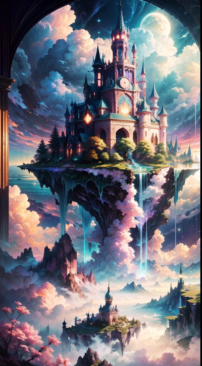 Envision a mesmerizing scene of a magnificent realm of romantic dreams. The environment is filled with intricate floating islands, fluffy clouds, waterfalls cascading from the floating islands, and a vibrant, surreal atmosphere. The atmosphere is filled with a sense of wonder and tranquility. Include many shades of pink in the image along with other vibrant jewel-toned hues. This scene will be depicted in an anime-style illustration, with soft lines, pastel colors, and a whimsical touch. All buildings are extremely detailed and elegant. The artwork will capture the ethereal beauty and tranquility of the dreamlike realm, creating a sense of harmony and escape from the ordinary world. Include teal water, colorful watercolor skies, glowing elements, and many small fantasy details including iridescence, expertly created majestic landscapes, and shimmer and glimmer. Above all else, this should look like a fantasy artwork.