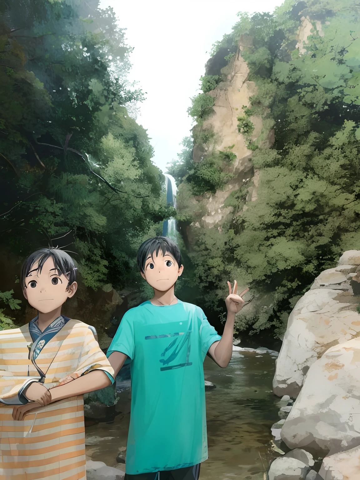 There were two boys standing side by side in the river, Anime Nature, Xian Xia Hanfu