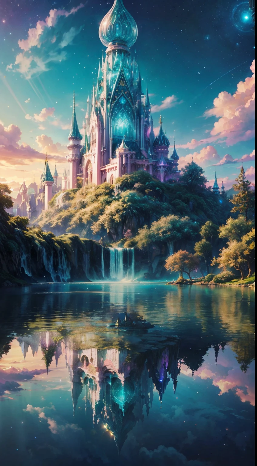 Envision a mesmerizing scene of a magnificent realm of romantic dreams. The environment is filled with intricate floating islands, fluffy clouds, waterfalls cascading from the floating islands, and a vibrant, surreal atmosphere. The atmosphere is filled with a sense of wonder and tranquility. Include many shades of vibrant jewel-toned hues. This scene will be depicted in an anime-style illustration, with soft lines, pastel colors, and a whimsical touch. All buildings are extremely detailed and elegant. The artwork will capture the ethereal beauty and tranquility of the dreamlike realm, creating a sense of harmony and escape from the ordinary world. Include teal water, colorful watercolor skies, glowing elements, and many small fantasy details including iridescence, expertly created majestic landscapes, and shimmer and glimmer. Above all else, this should look like a fantasy artwork. Include lots of vibrant color and vaguely surreal details.